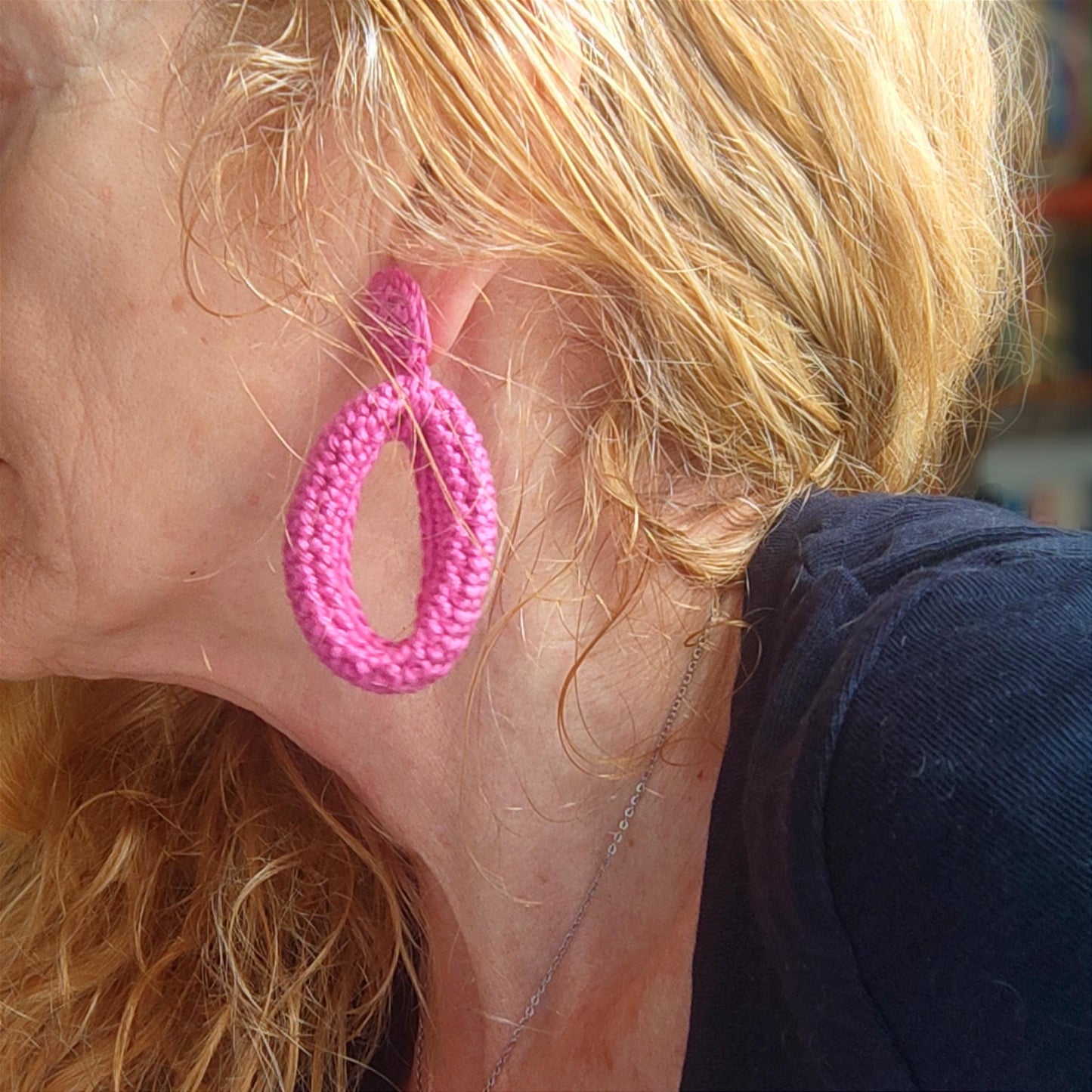 Emerald Green Crochet Hoop Earrings: Cotton Yarn , Gold Plated Studs