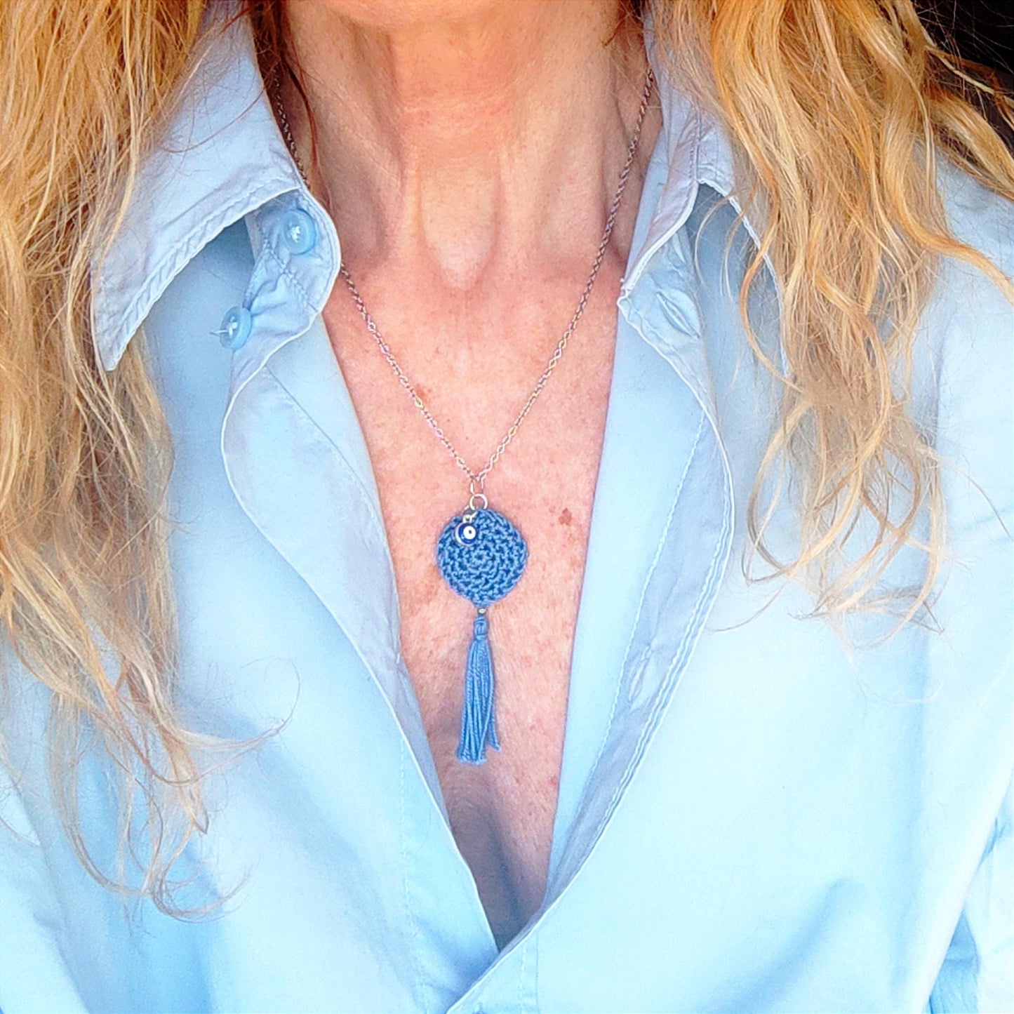 Personalized Crochet Necklace with Charm - Initial, Birthstone, or Evil Eye Boho Jewelry