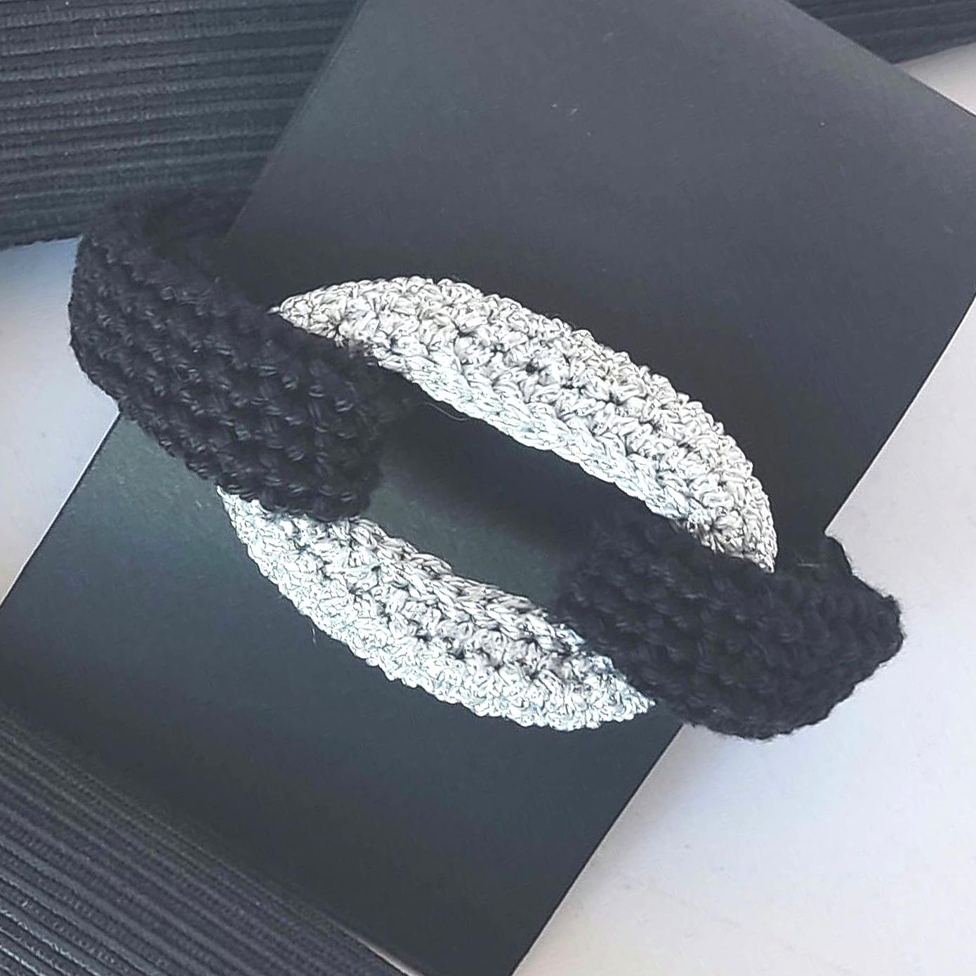 Black & Silver Braided Crochet Cuff Bracelet - Chunky Statement Jewelry