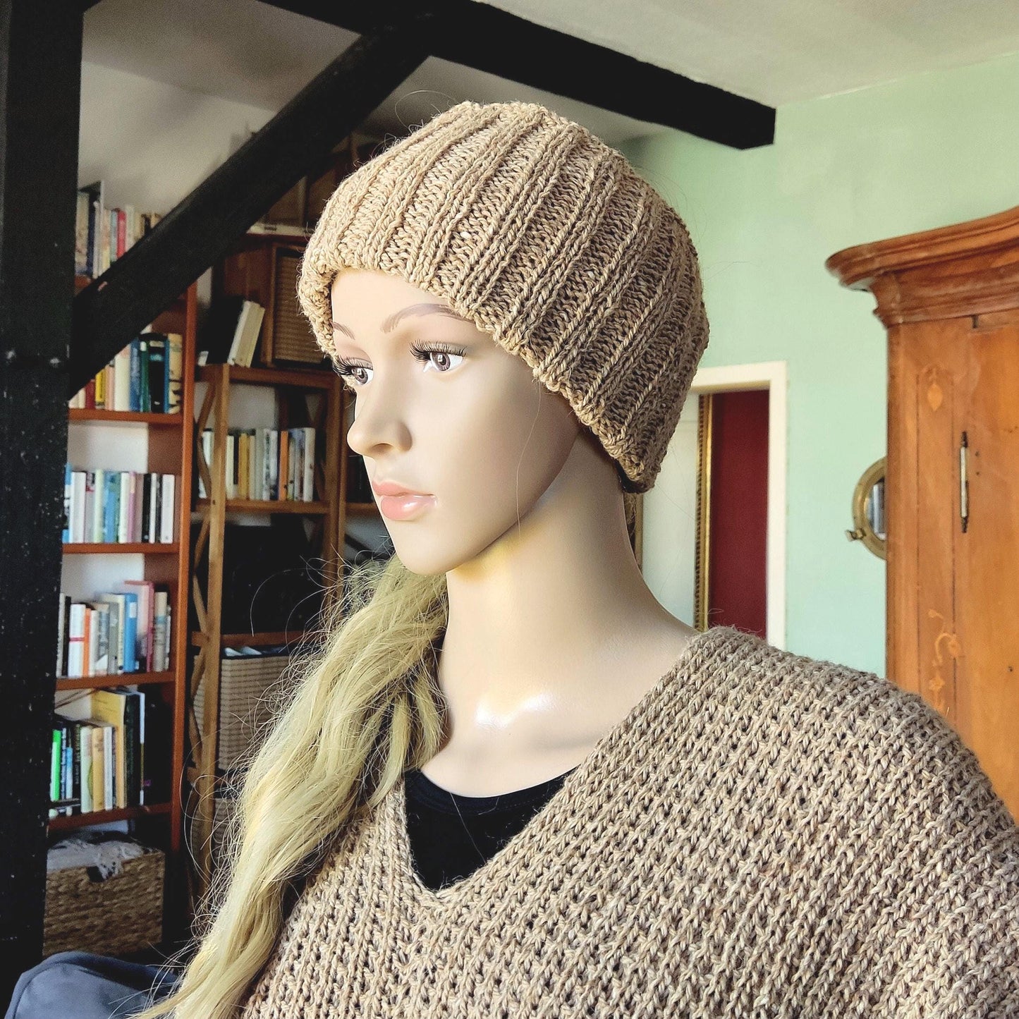 Beige Merino Wool Poncho with Fringe - Knitted Turtleneck Vest