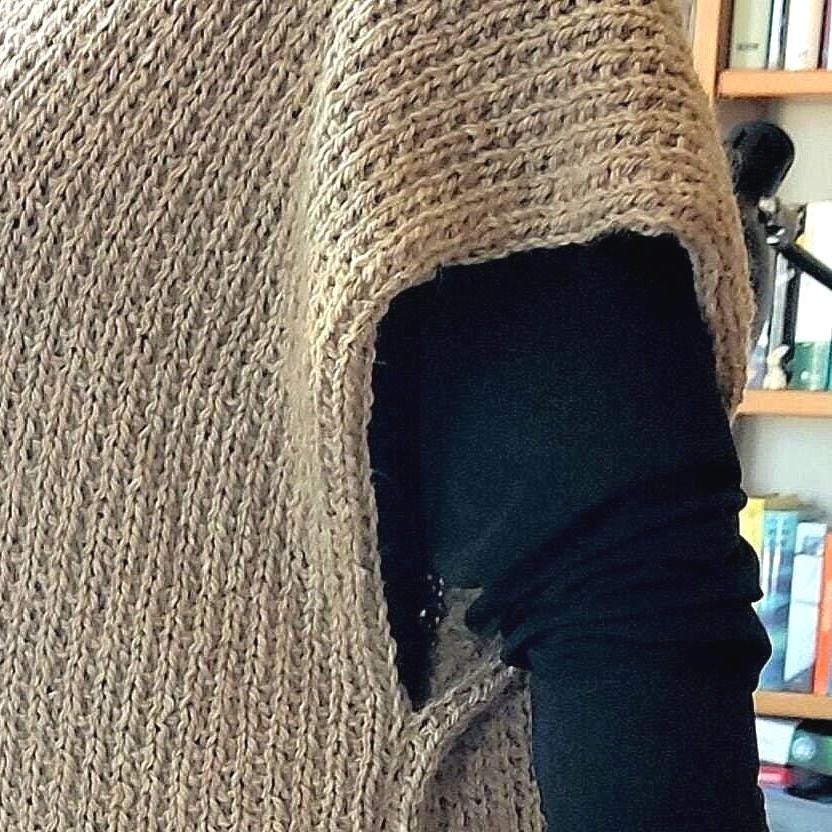 Beige Merino Wool Poncho with Fringe - Knitted Turtleneck Vest