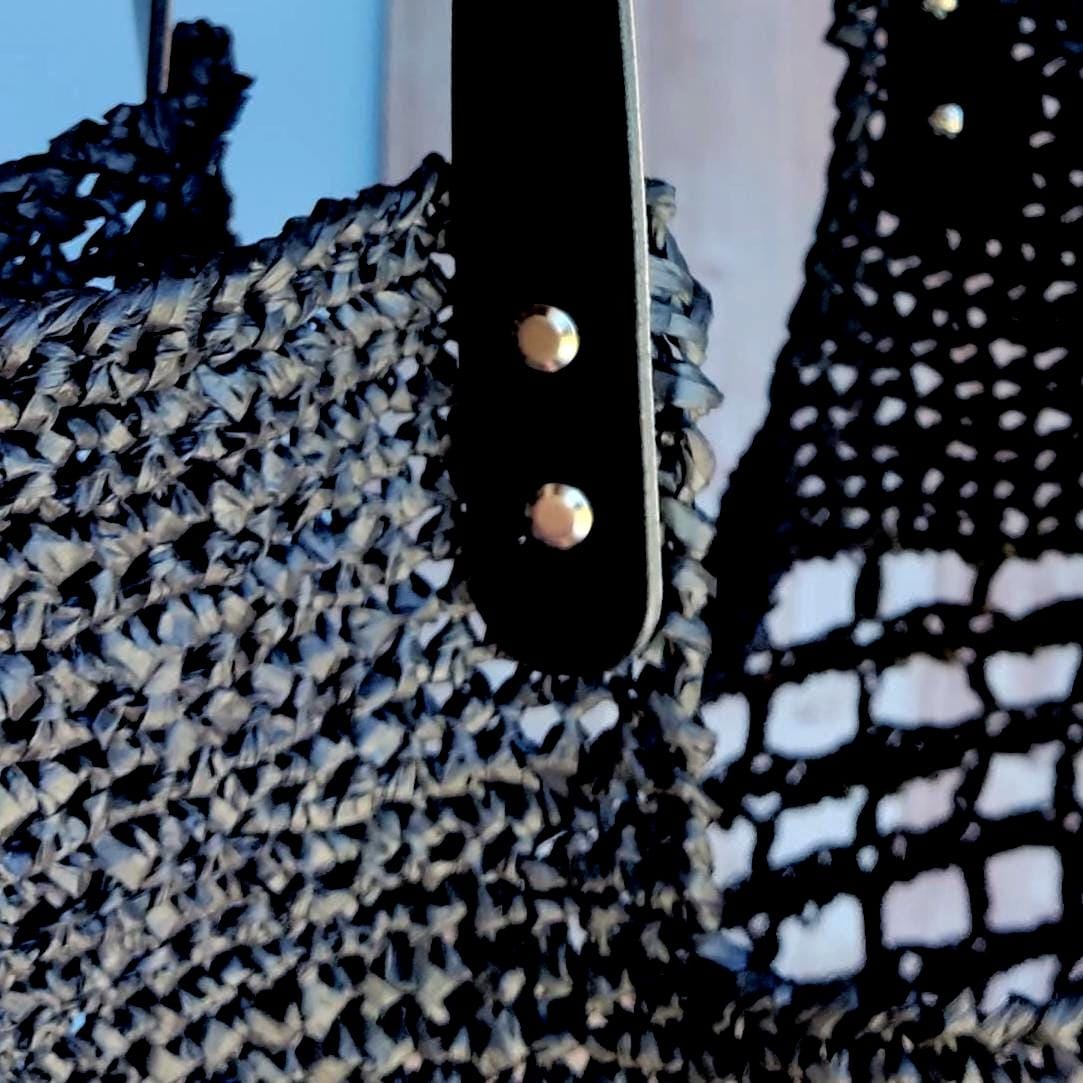 Crochet Raffia Tote Bag: Black Boho Flower Handbag with Leather Handles