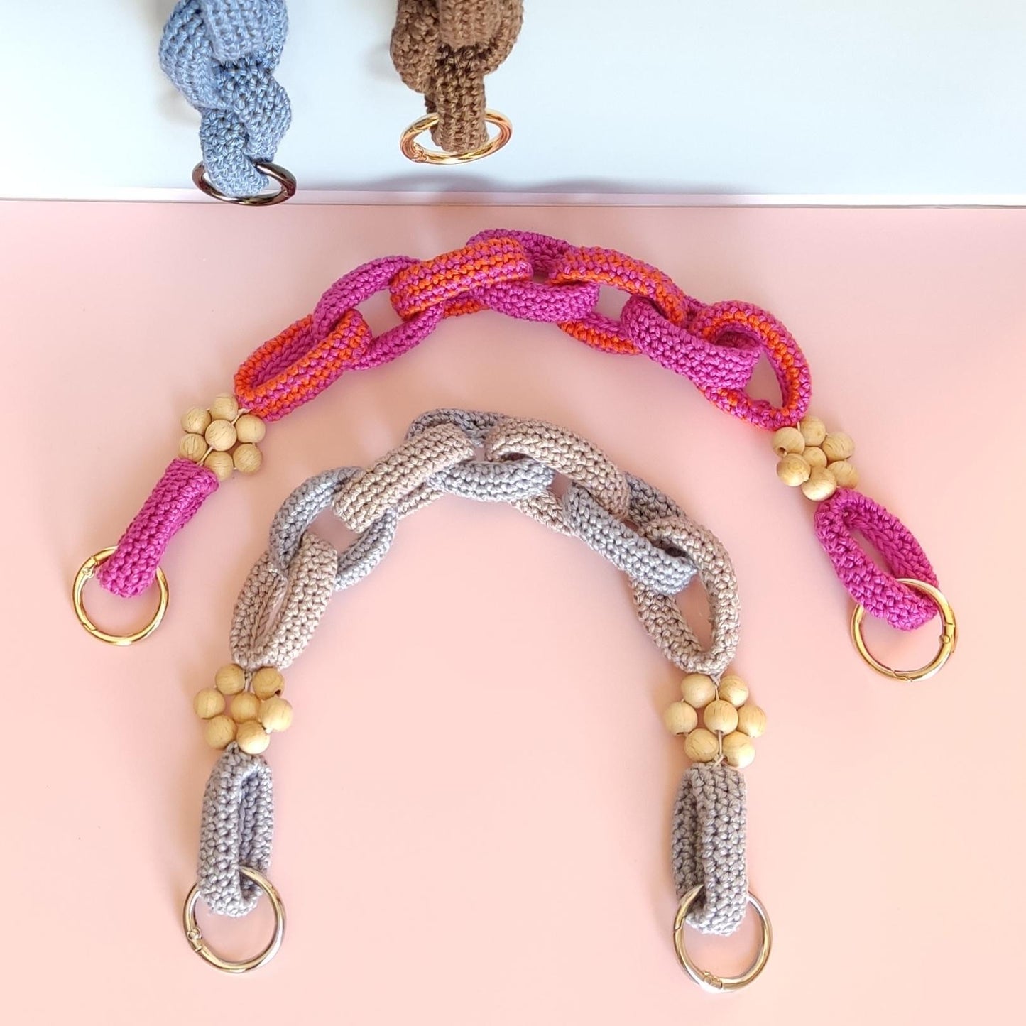 Crochet Purse Handles with Wooden Daisy Charms - Colorful Cotton Chain Bag Straps, Replacement