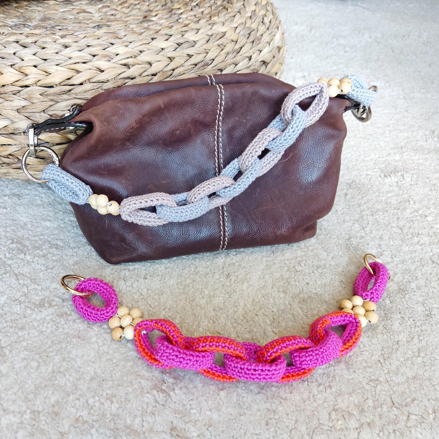 Crochet Purse Handles with Wooden Daisy Charms - Colorful Cotton Chain Bag Straps, Replacement