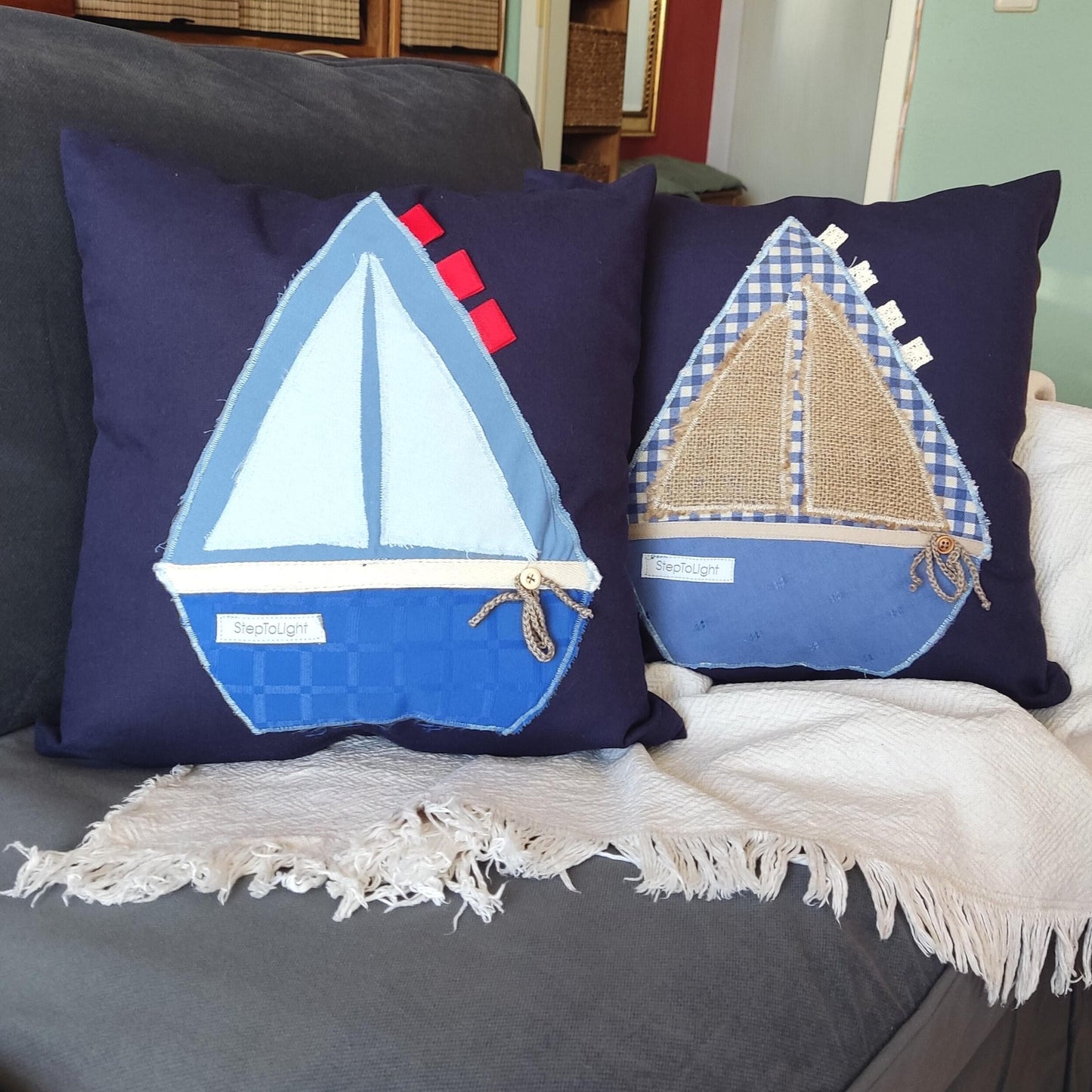 Nautical Pillow Cover Set - Navy Blue Patchwork Sailing Boat Maritime Decor