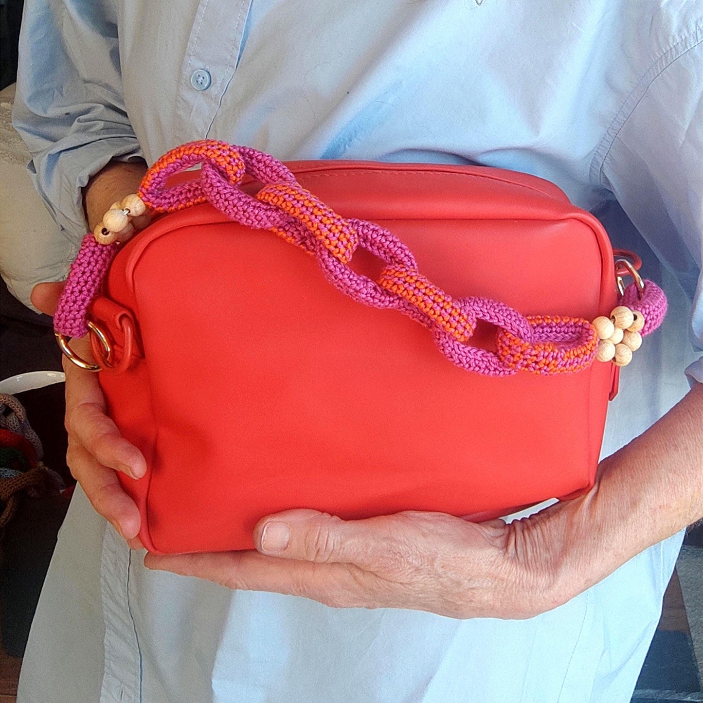 Crochet Purse Handles with Wooden Daisy Charms - Colorful Cotton Chain Bag Straps, Replacement