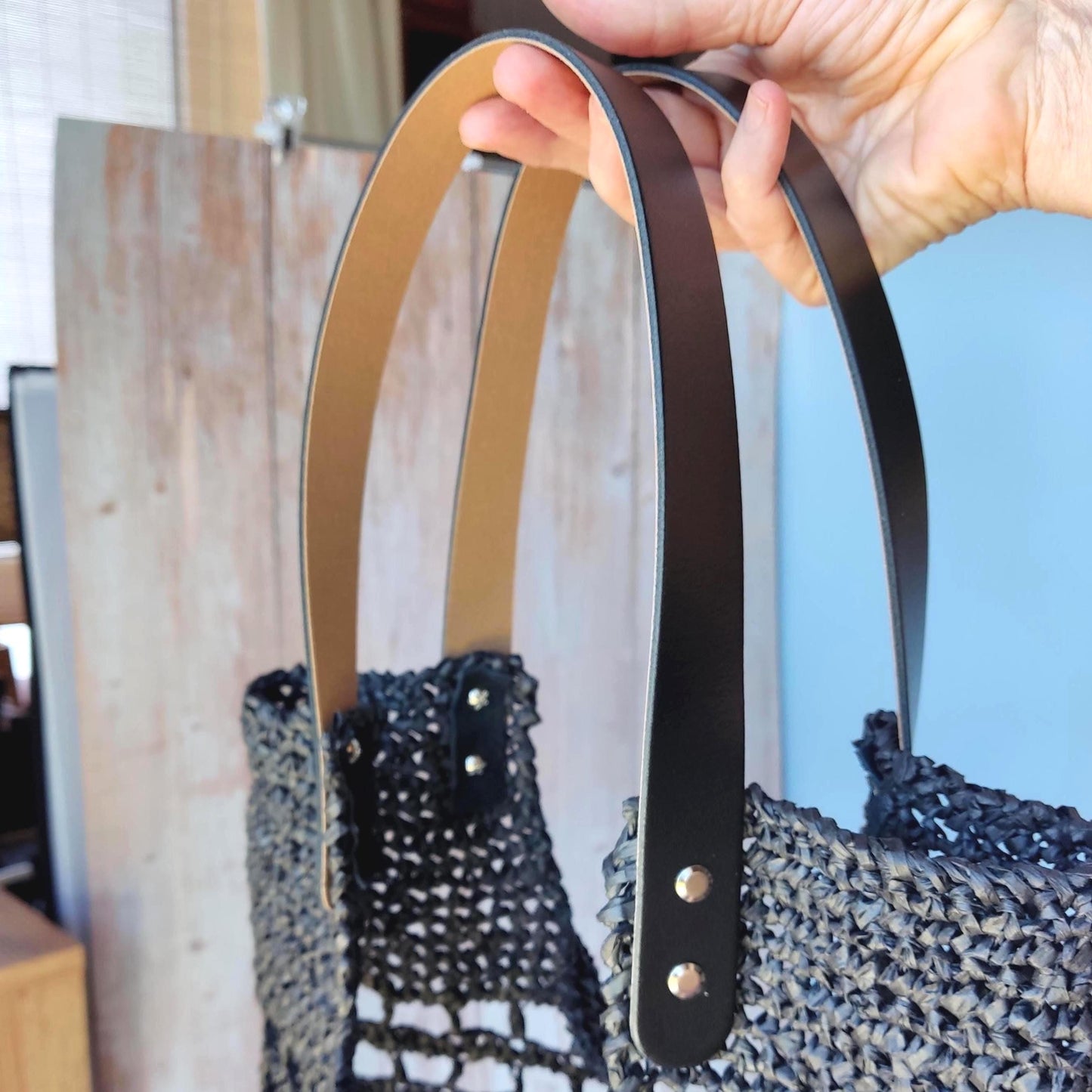 Crochet Raffia Tote Bag: Black Boho Flower Handbag with Leather Handles