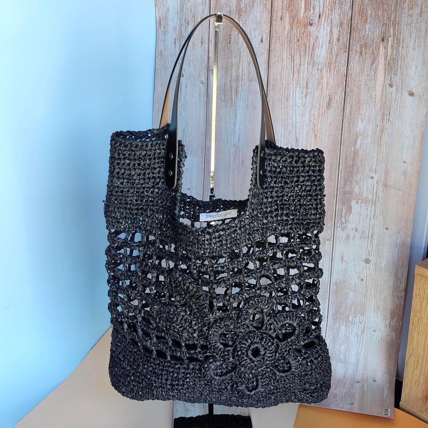 Crochet Raffia Tote Bag: Black Boho Flower Handbag with Leather Handles