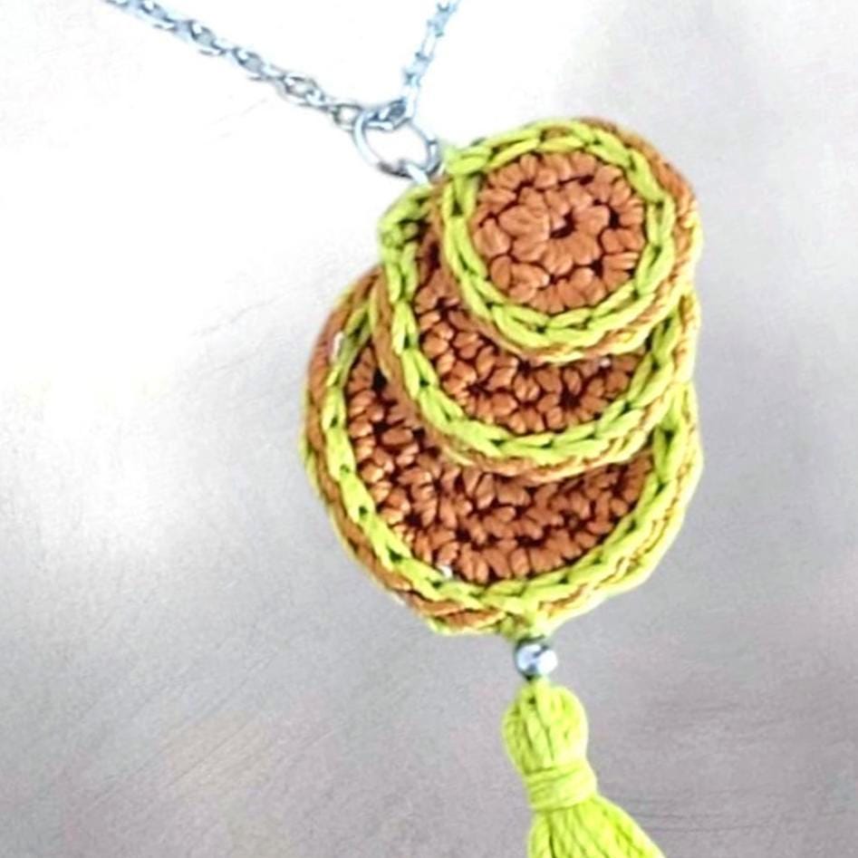 Brown & Green Crochet Pendant Necklace - Handmade Boho Tassel Statement Jewelry