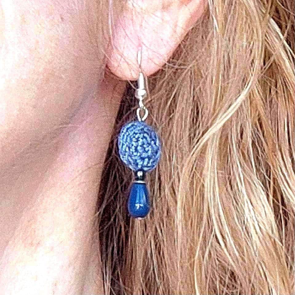 Crochet Pearl Drop Earrings: Boho Denim Blue, Sterling Silver