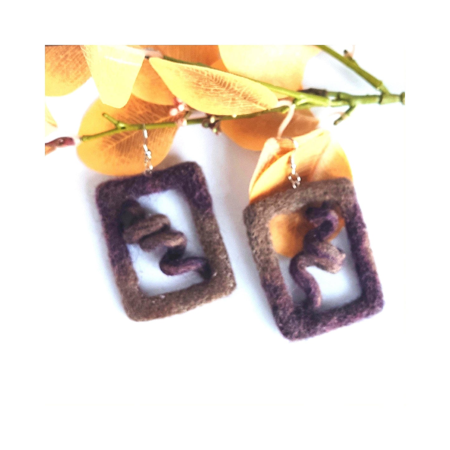 Handmade Felt Dangle Earrings: Brown Merino Wool Geometric Statement Jewelry