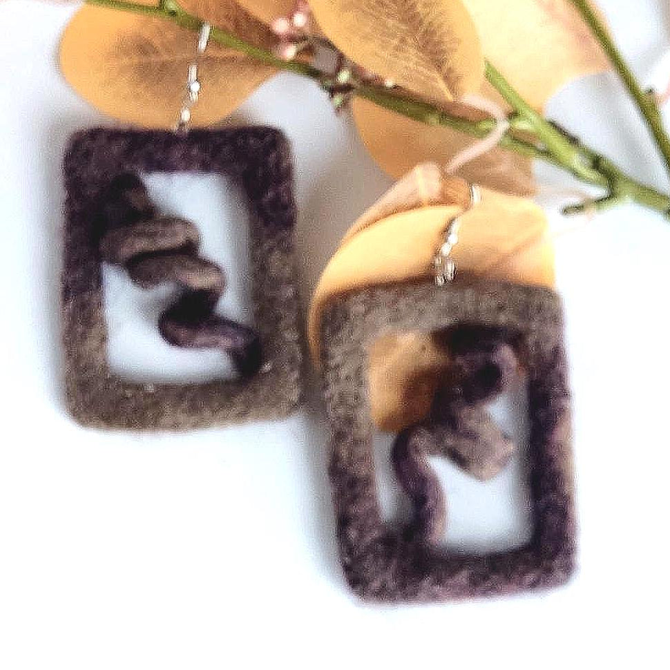 Handmade Felt Dangle Earrings: Brown Merino Wool Geometric Statement Jewelry