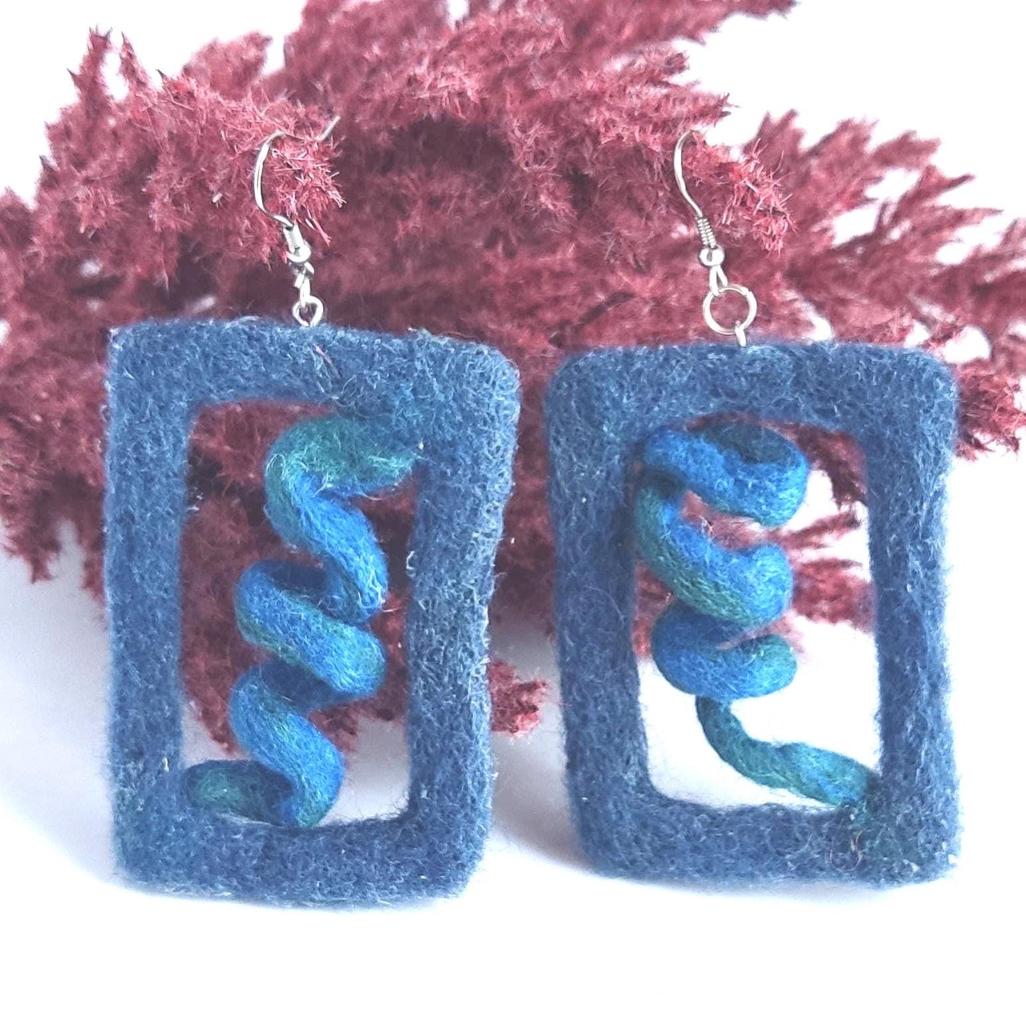Boho Felt Earrings: Needle Felted Blue  Spiral, Lightweight
