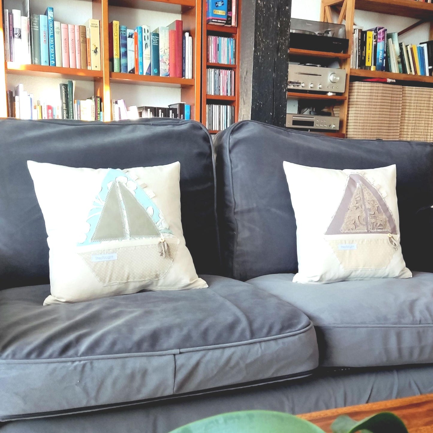 Handmade Nautical Pillow Cover: Patchwork Sailing Boat Applique (40x40 Pillow case)