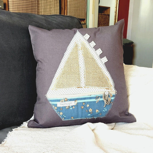 Handmade Nautical Pillow Cover - Patchwork Sailing Boat Nursery Decor