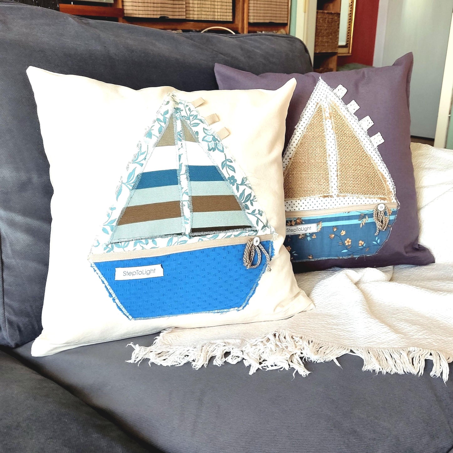 Nautical Pillow Cover Set - White Gray Patchwork Sailing Boat Coastal Decor
