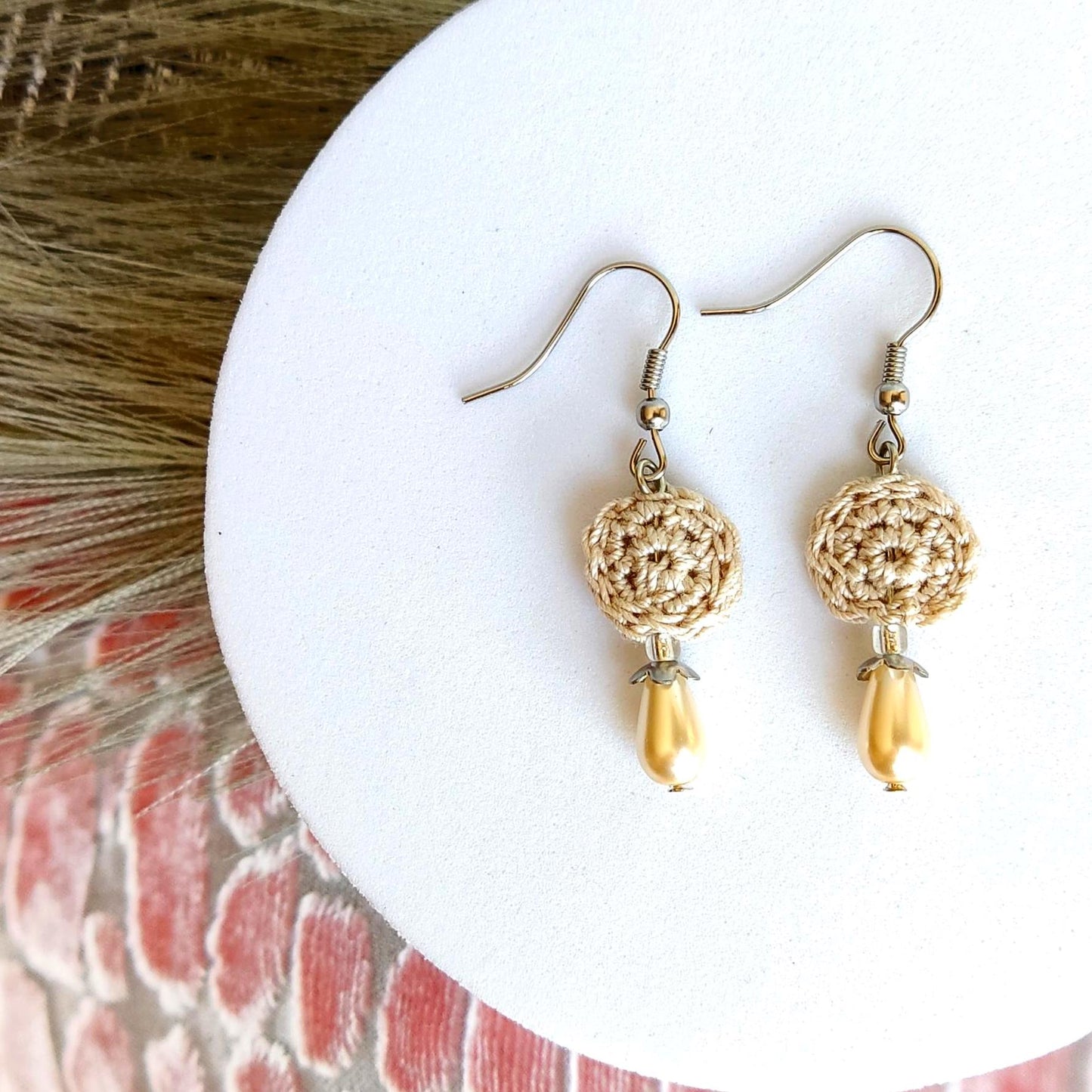 Crochet Pearl Drop Earrings: Beige Boho Dangle Earrings