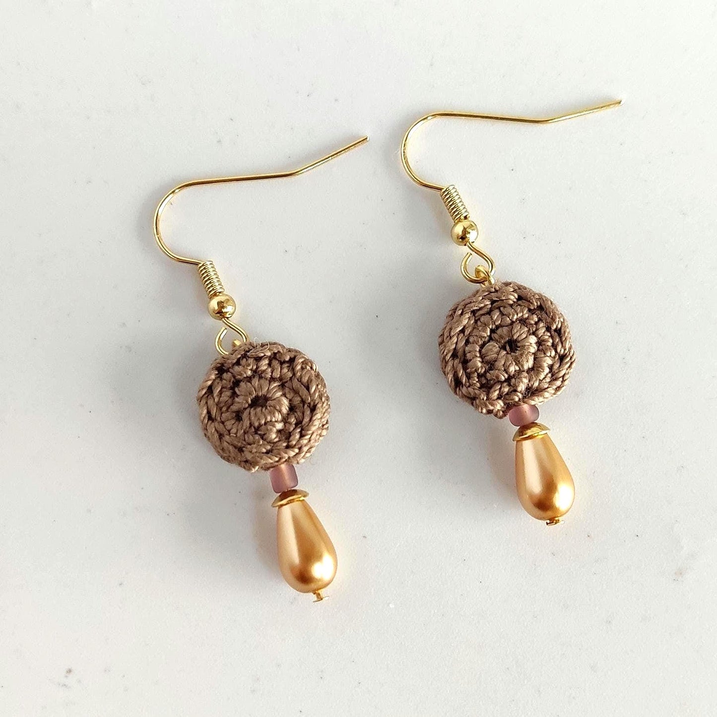 Crochet Pearl Drop Earrings: Beige Boho Dangle Earrings