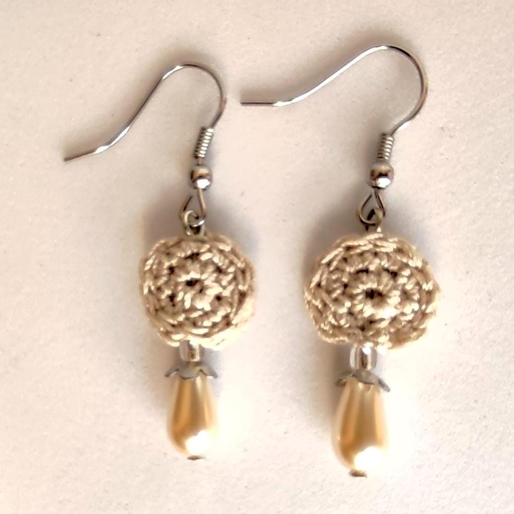 Crochet Pearl Drop Earrings: Beige Boho Dangle Earrings