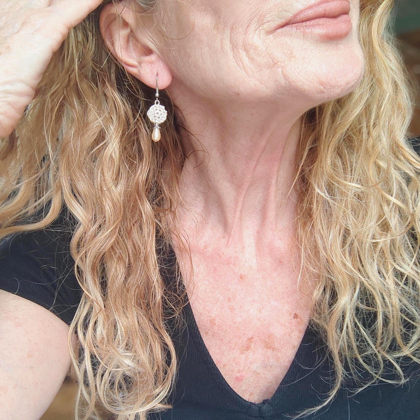 Crochet Pearl Drop Earrings: Beige Boho Dangle Earrings