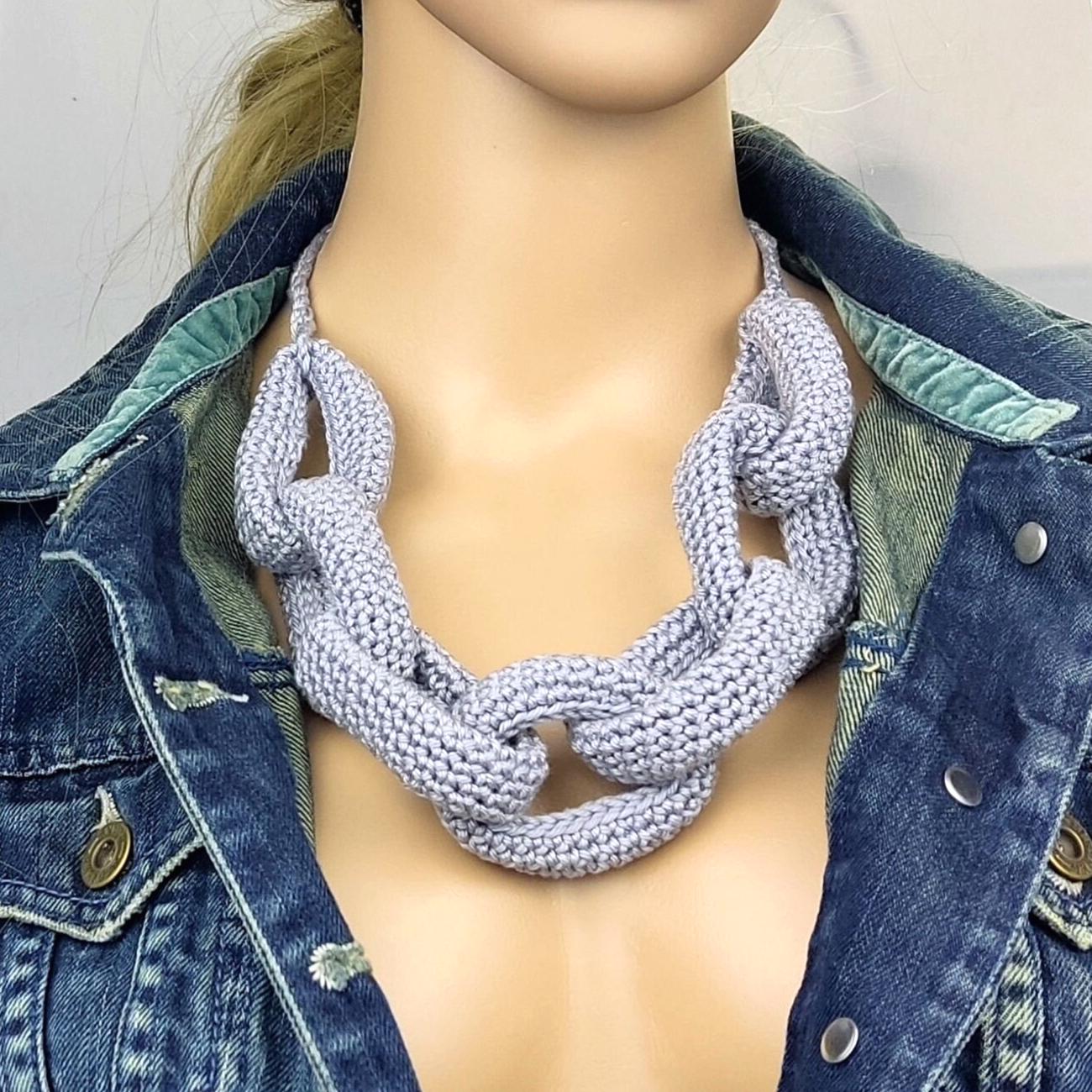 Chunky Crochet Yarn Necklace: Gray Handmade Statement Jewelry