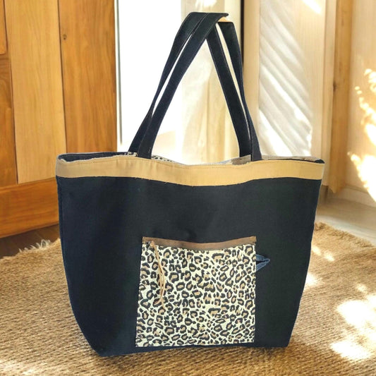 Reversible Tote Bag: Black  Leopard Print Burlap Patchwork Tote Handbag