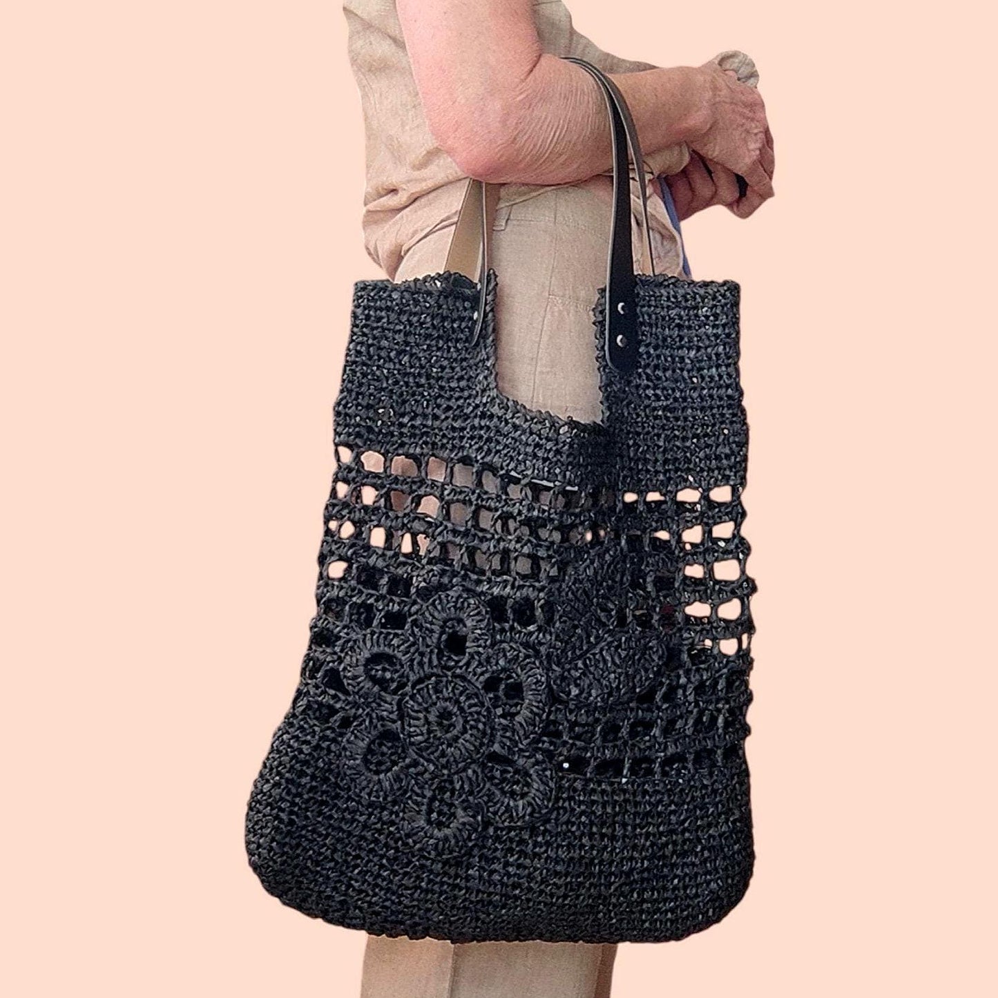 Crochet Raffia Tote Bag: Black Boho Flower Handbag with Leather Handles