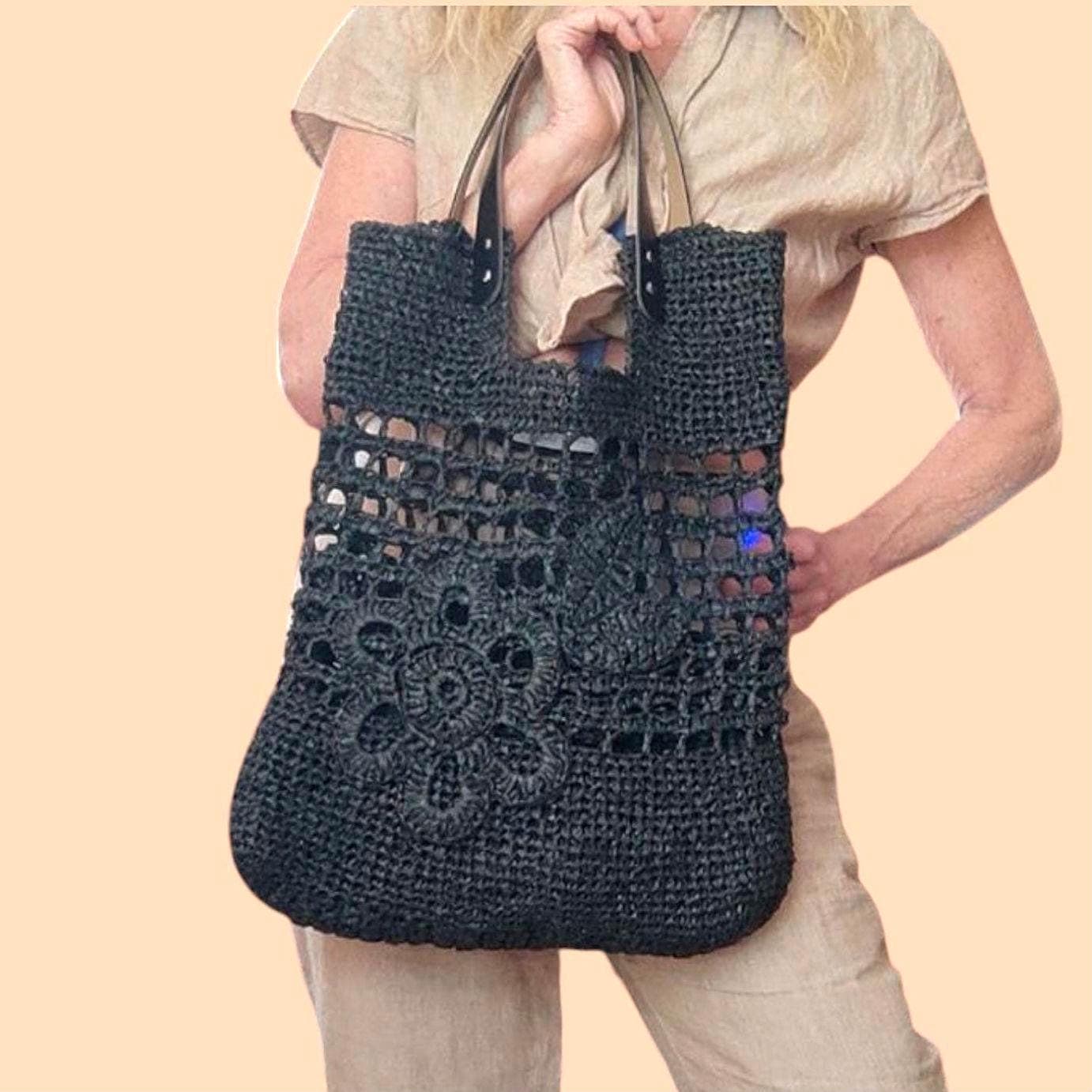 Crochet Raffia Tote Bag: Black Boho Flower Handbag with Leather Handles