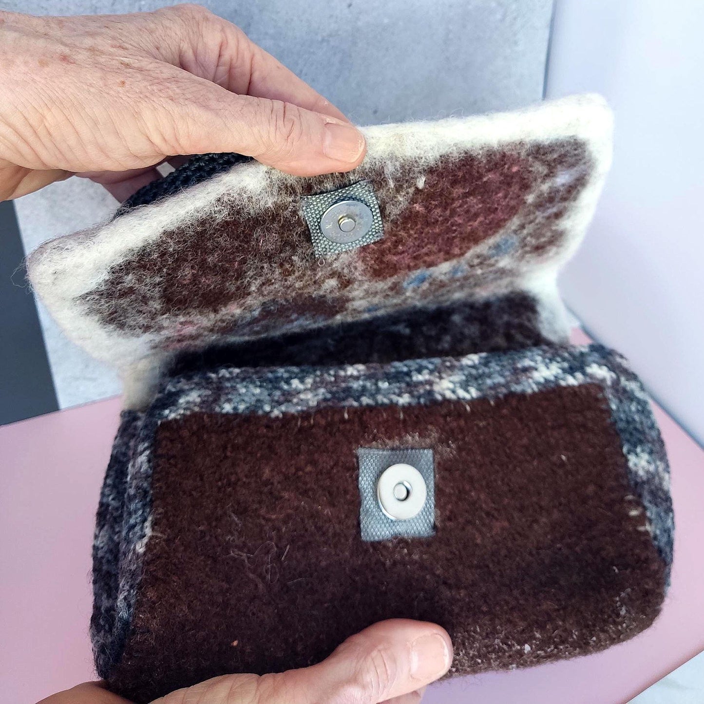 Felted Wool Shoulder Bag - Handmade Purse with Crochet Handle