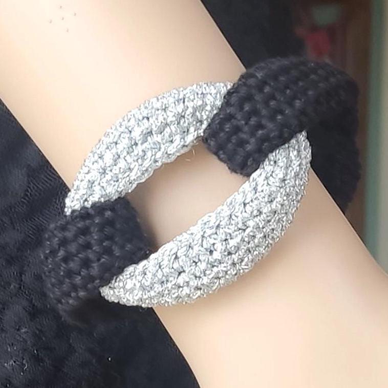Black & Silver Braided Crochet Cuff Bracelet - Chunky Statement Jewelry