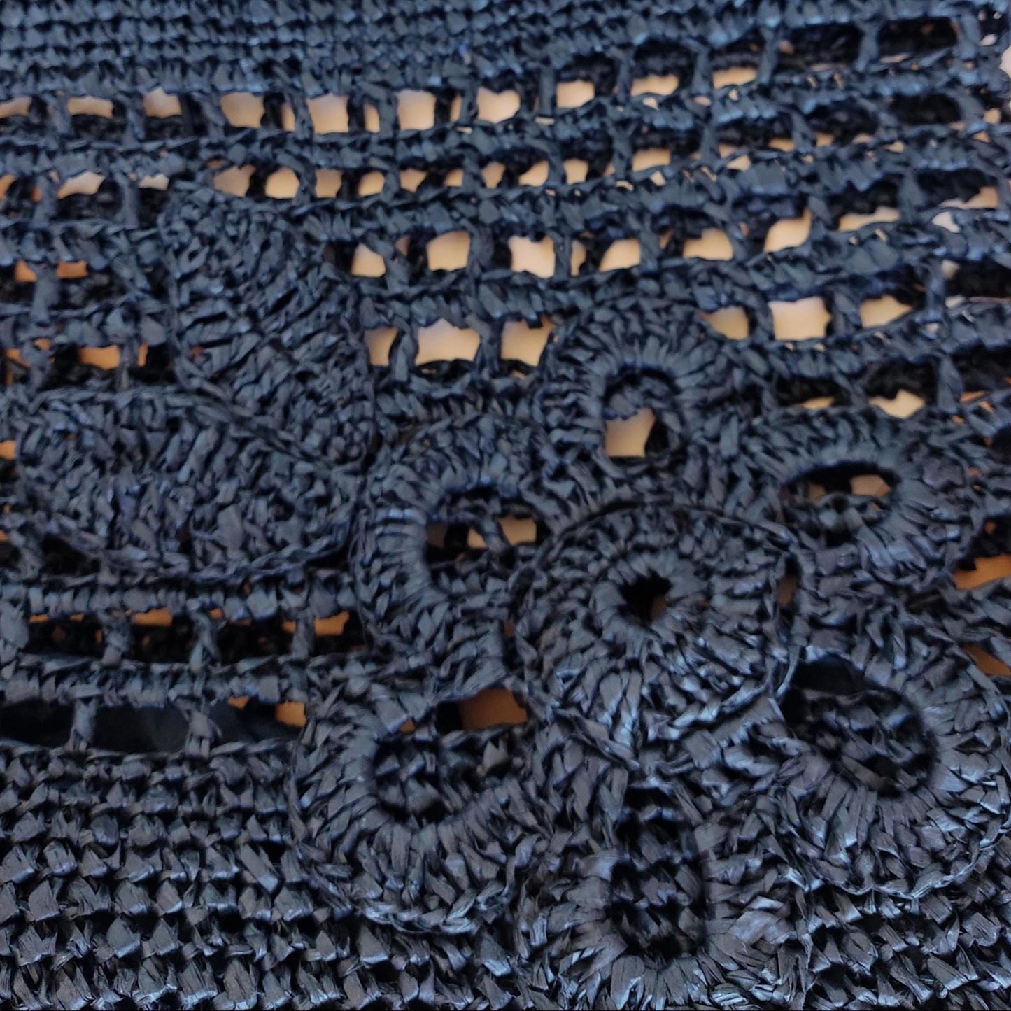 Crochet Raffia Tote Bag: Black Boho Flower Handbag with Leather Handles