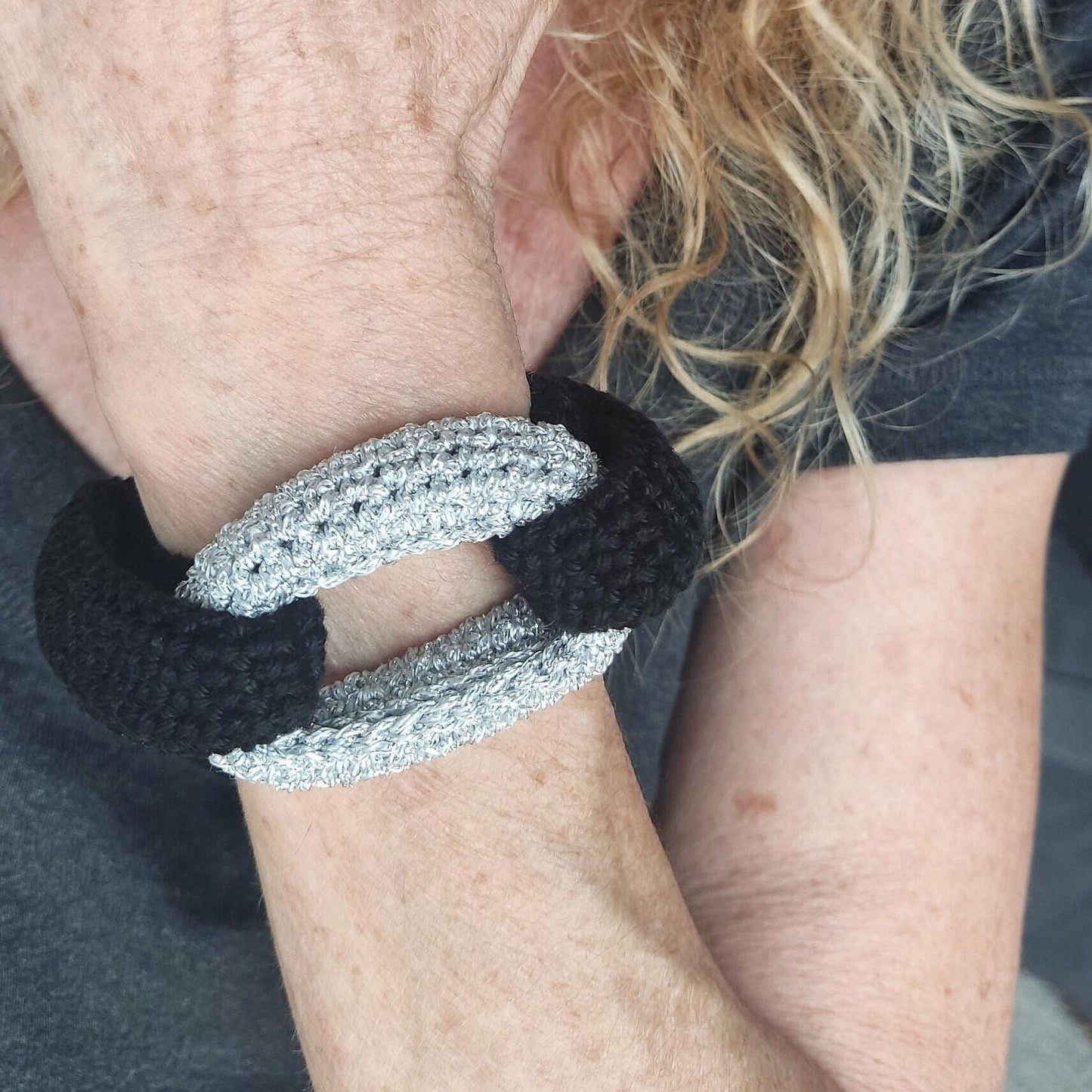 Black & Silver Braided Crochet Cuff Bracelet - Chunky Statement Jewelry