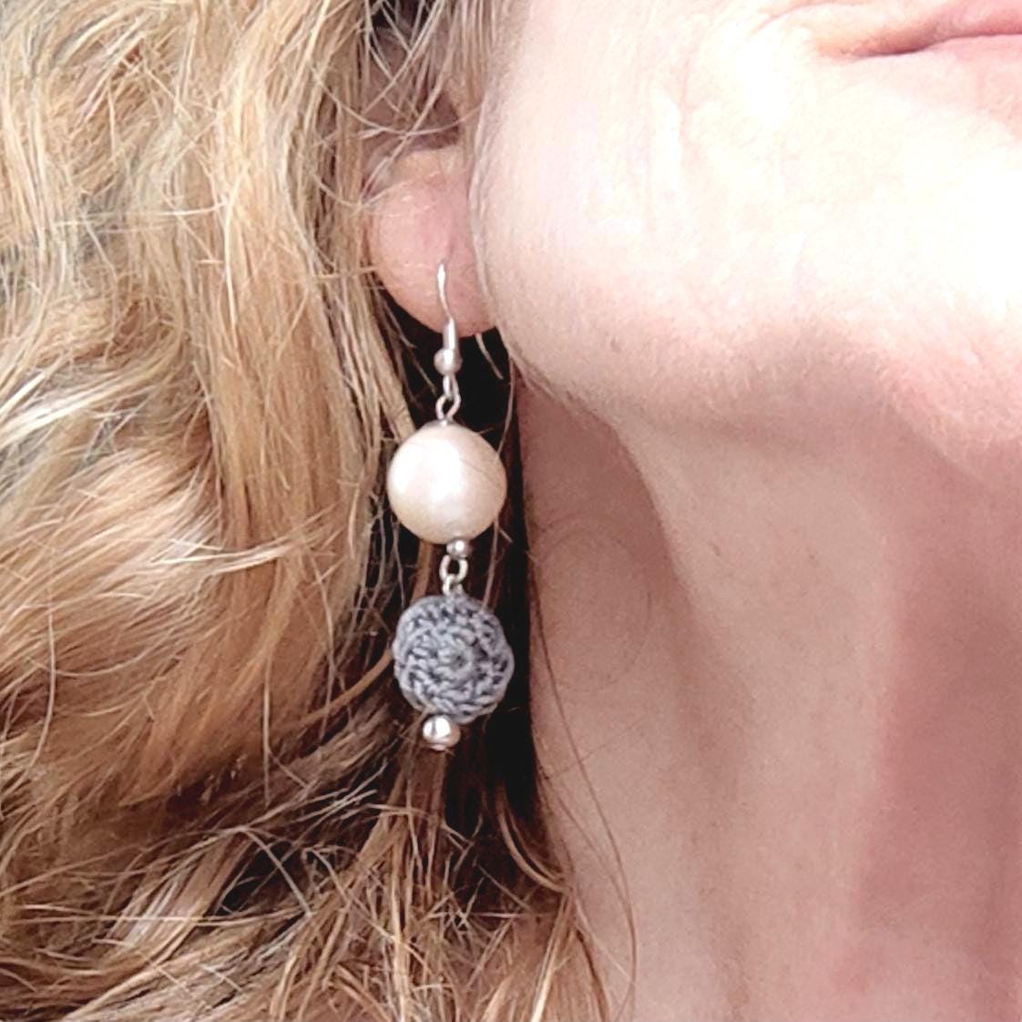 Crochet Pearl Drop Earrings: Gray Boho Dangle Earrings