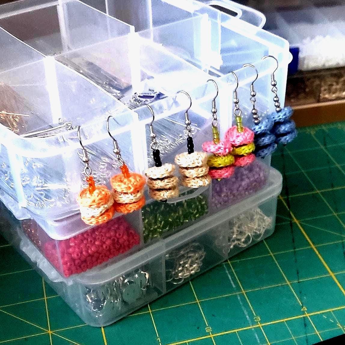 Pink Green Crochet Drop Earrings: Beaded Microcrochet Cotton Jewelry