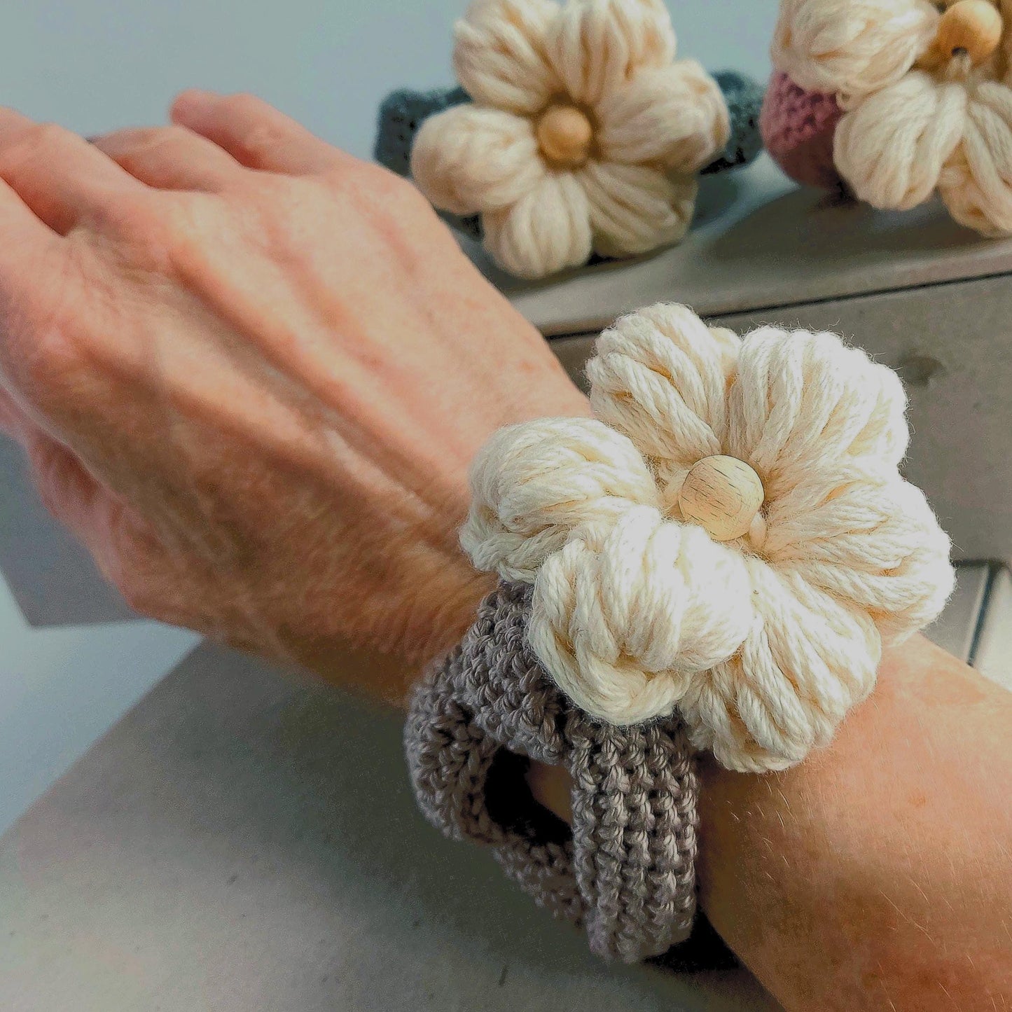 Chunky Crochet Flower Bracelet - Boho Daisy Cuff Cotton Jewelry