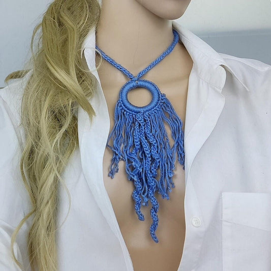 Crochet Fringe Pendant Necklace - Handmade Boho Statement Jewelry