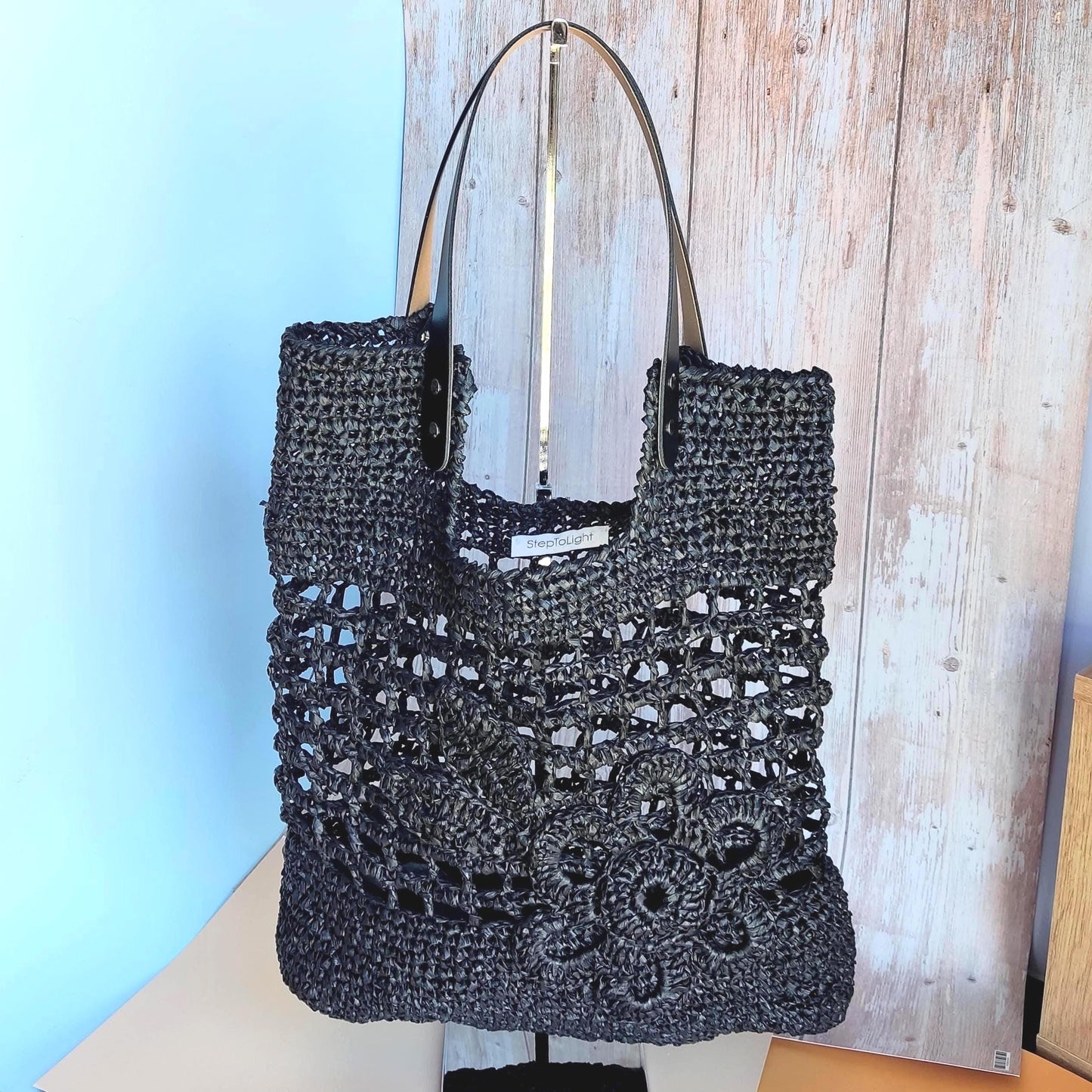 Crochet Raffia Tote Bag: Black Boho Flower Handbag with Leather Handles