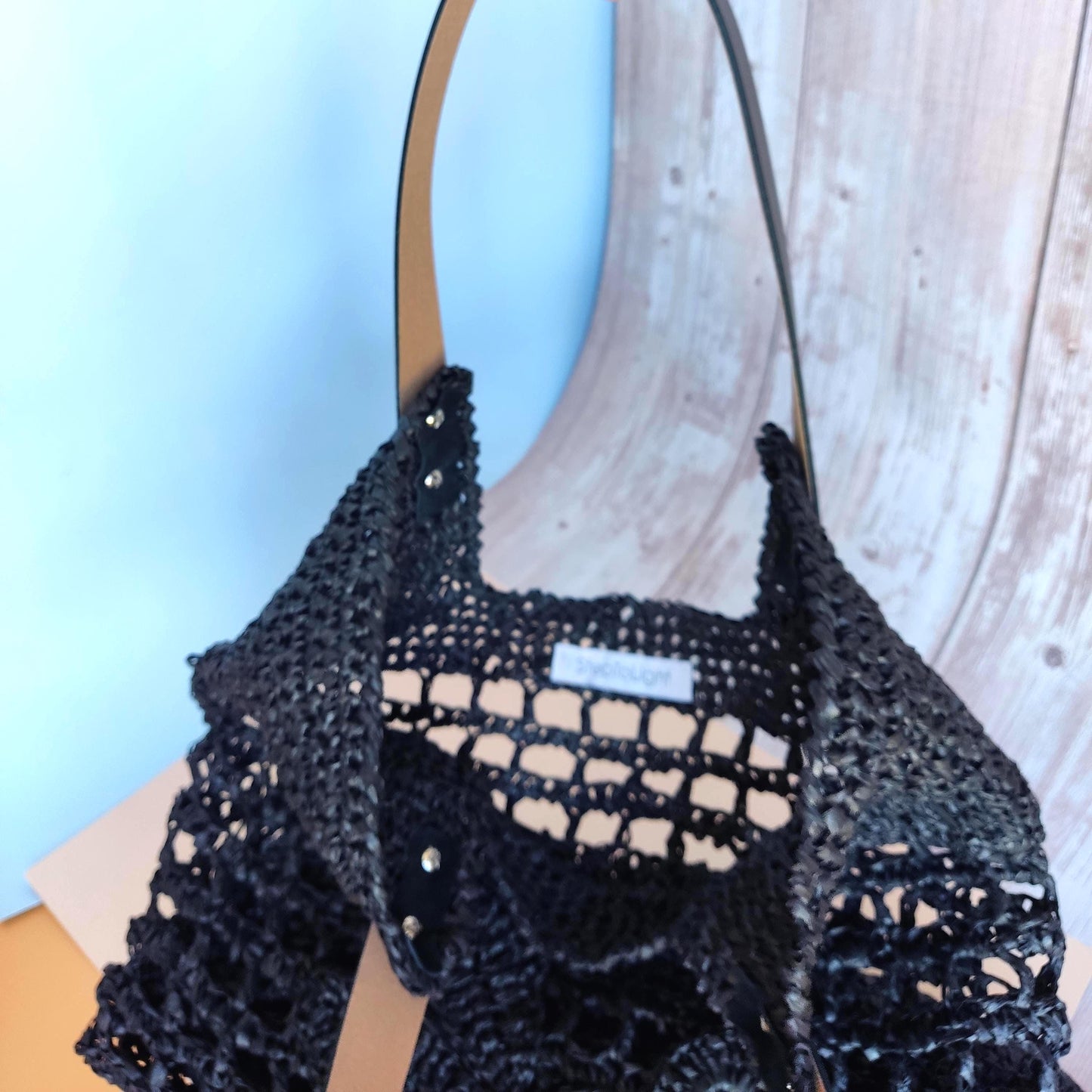 Crochet Raffia Tote Bag: Black Boho Flower Handbag with Leather Handles