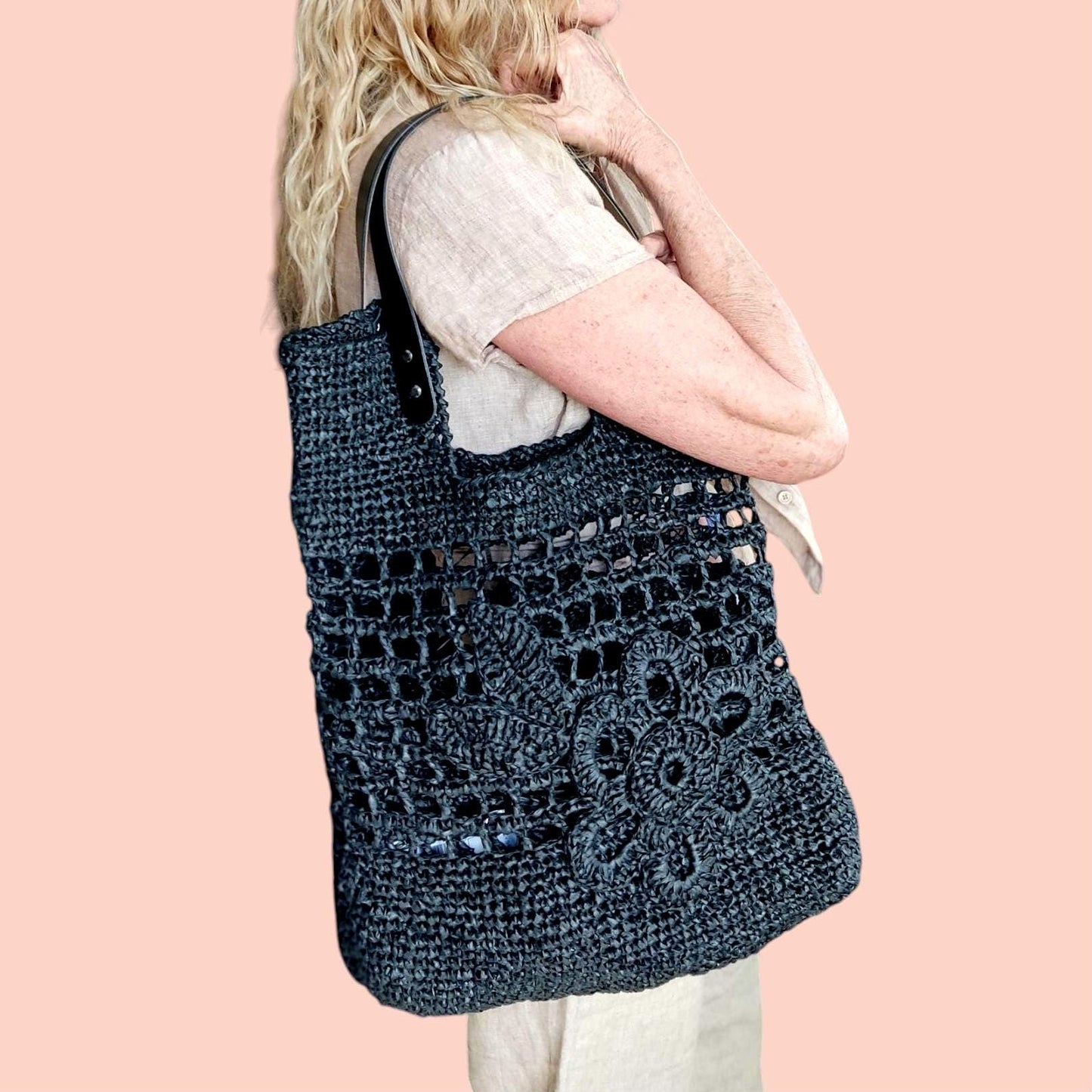 Crochet Raffia Tote Bag: Black Boho Flower Handbag with Leather Handles