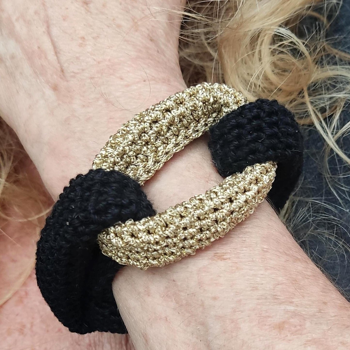 Black & Gold Braided Crochet Cuff Bracelet - Chunky Statement Jewelry