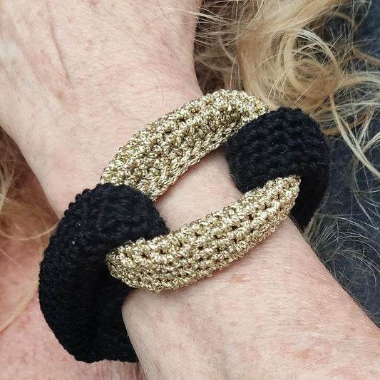 Black & Gold Braided Crochet Cuff Bracelet - Chunky Statement Jewelry