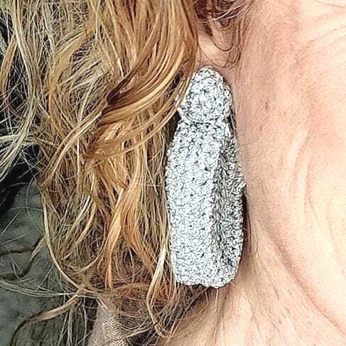 Silver Crochet Statement Earrings: Gold Plated Studs, Metallic Yarn