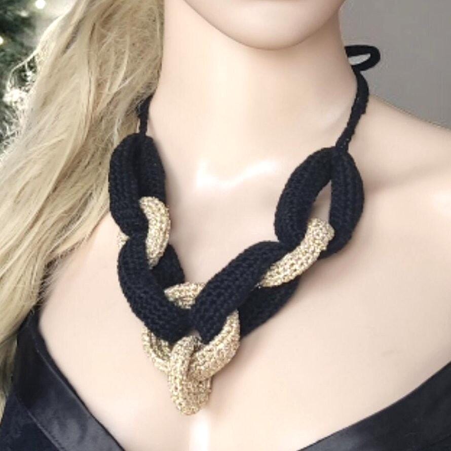 Black & Gold Chunky Crochet Statement Necklace - Elegant Handmade Cotton Chain