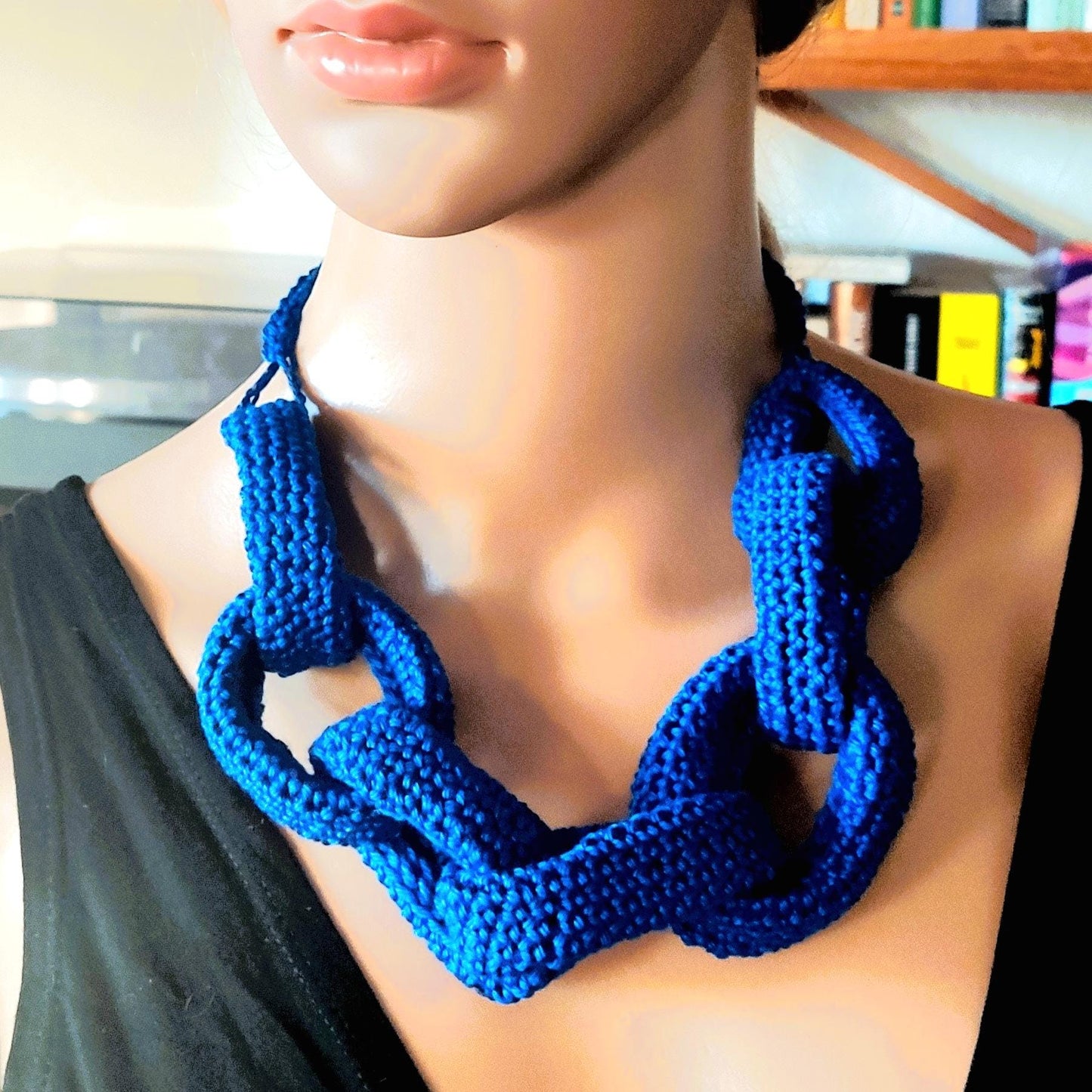 Black Chunky Braided Crochet Necklace - Handmade Cotton Statement Jewelry