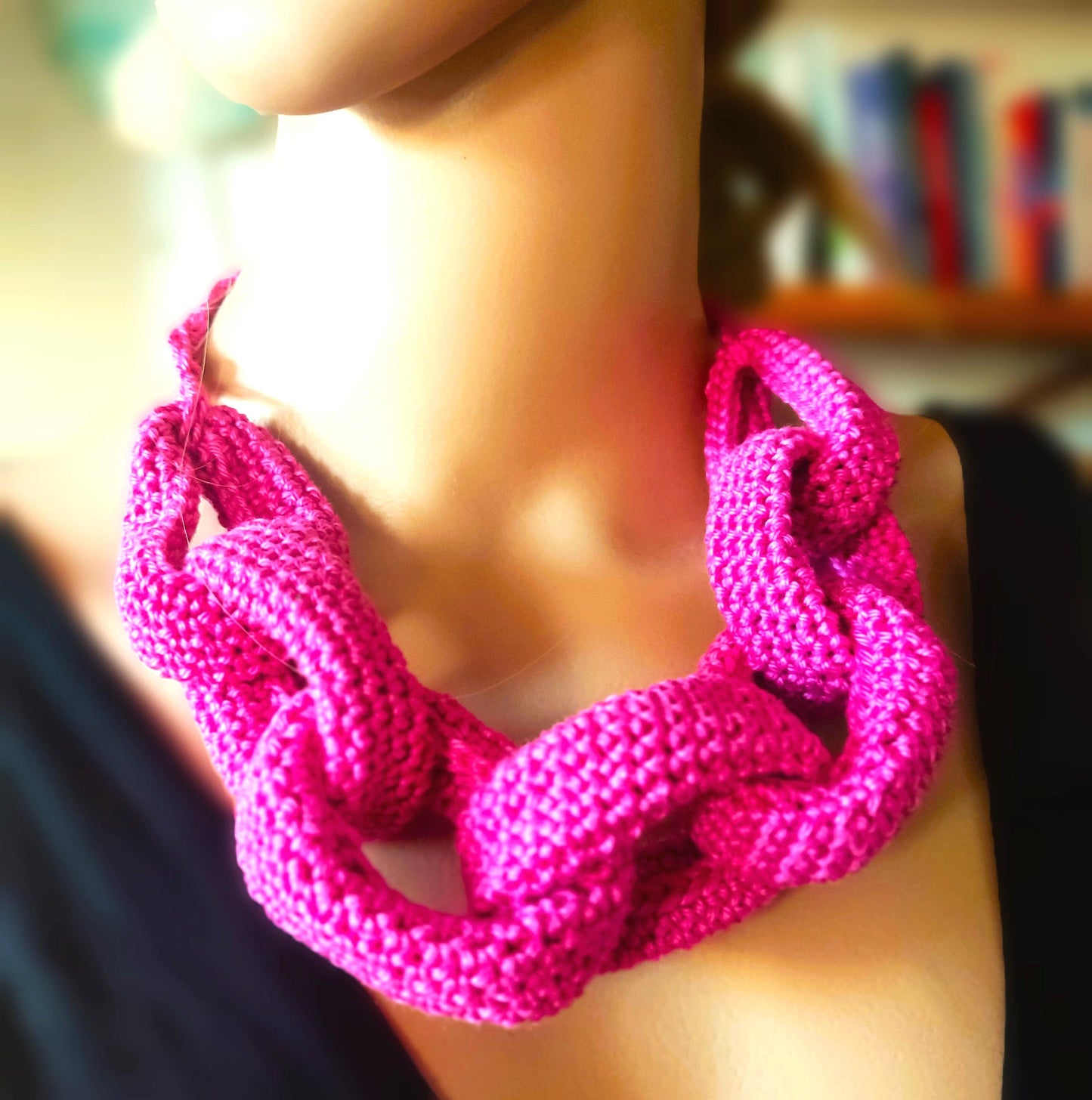 Black Chunky Braided Crochet Necklace - Handmade Cotton Statement Jewelry