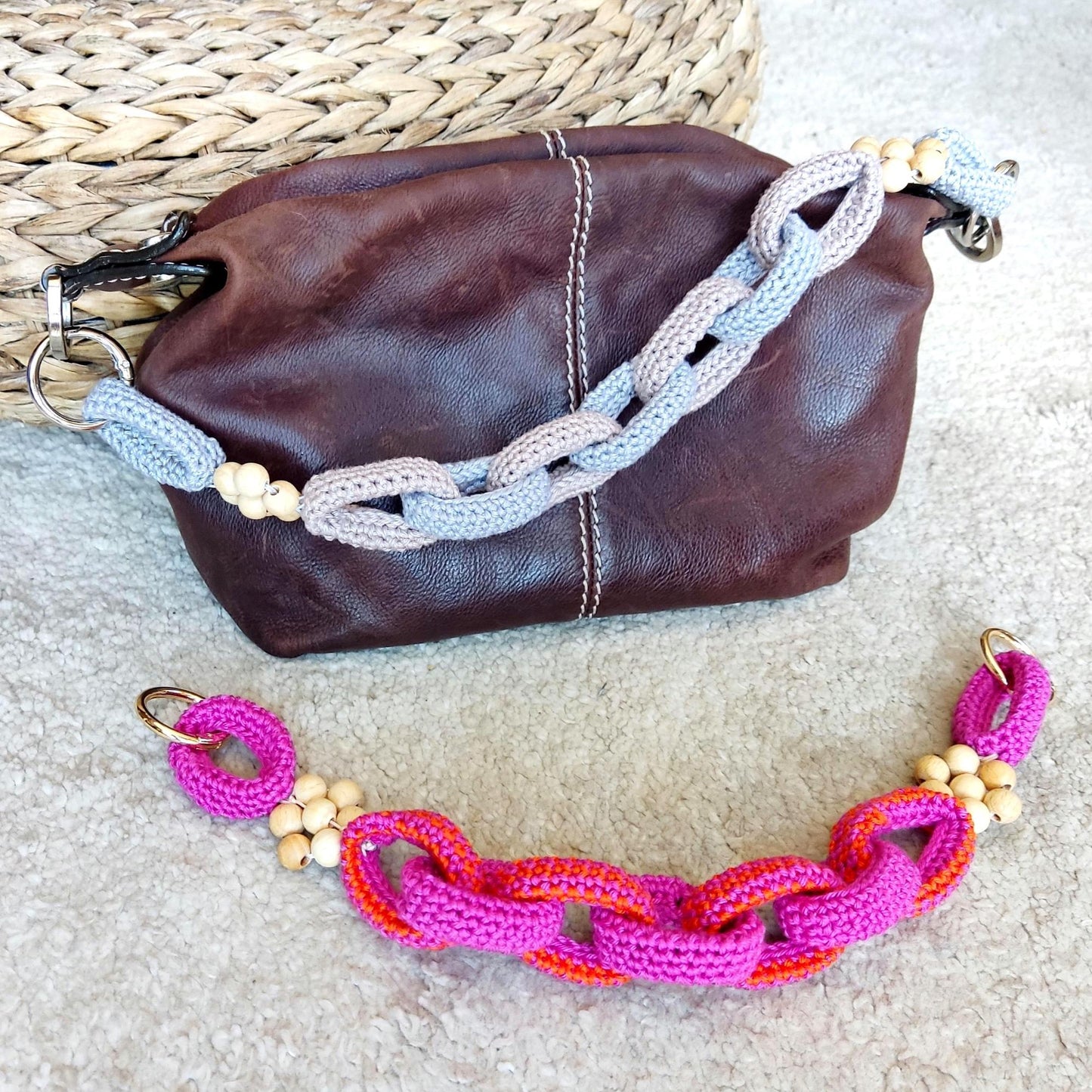 Crochet Purse Handles with Wooden Daisy Charms - Colorful Cotton Chain Bag Straps, Replacement