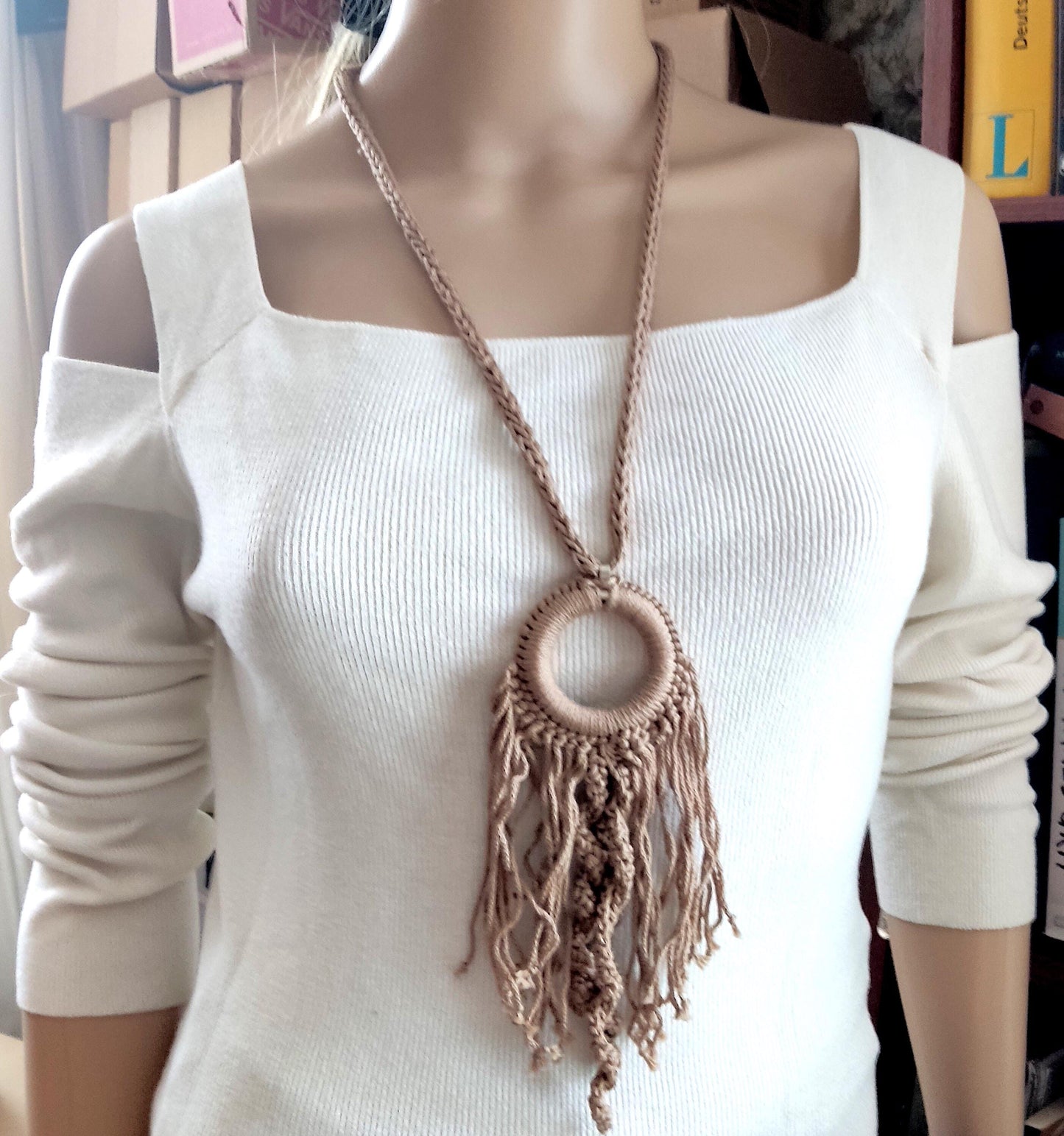 Beige Boho Crochet Pendant Necklace - Handmade Cotton Fringe, Adjustable Length