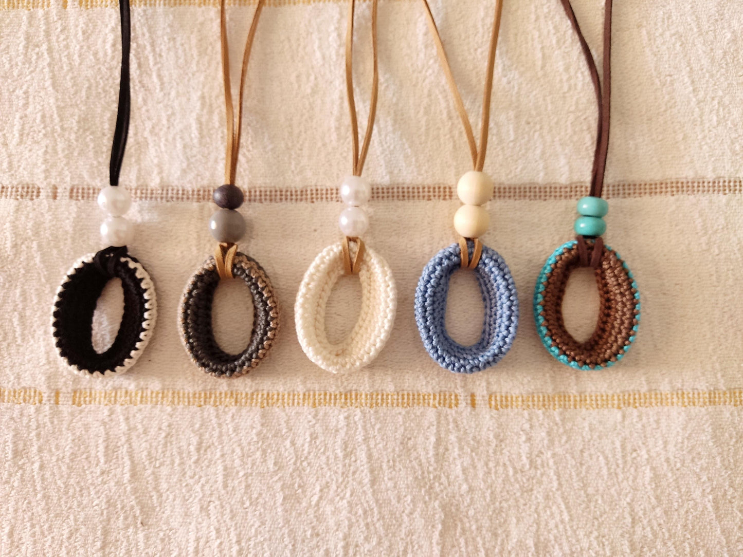 Crochet Pendant Necklace with Pearl Beads - Adjustable Leather Cord Boho Jewelry