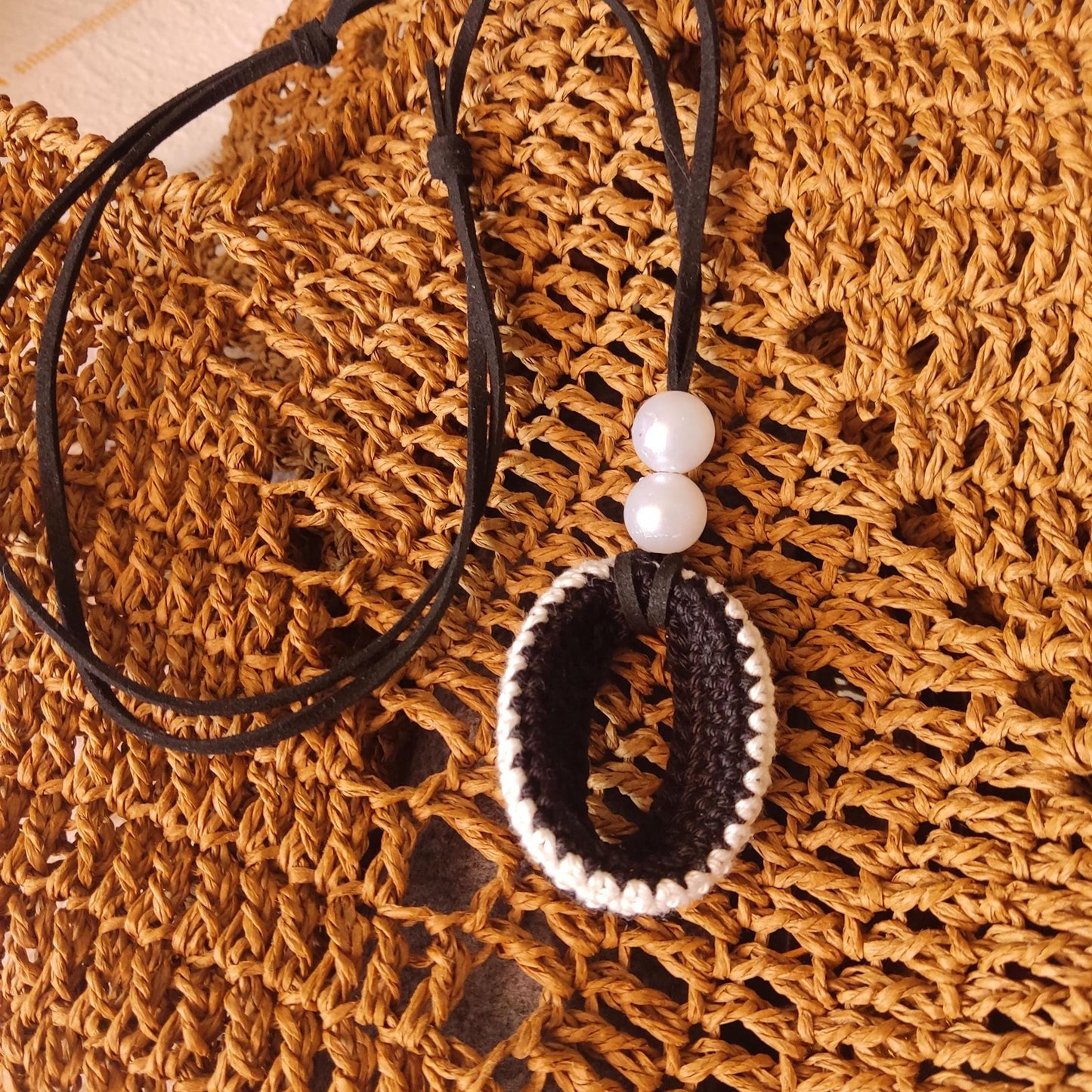 Crochet Pendant Necklace Black White with Pearl Beads - Handmade Adjustable Leather Cord, Elegant Boho Jewelry