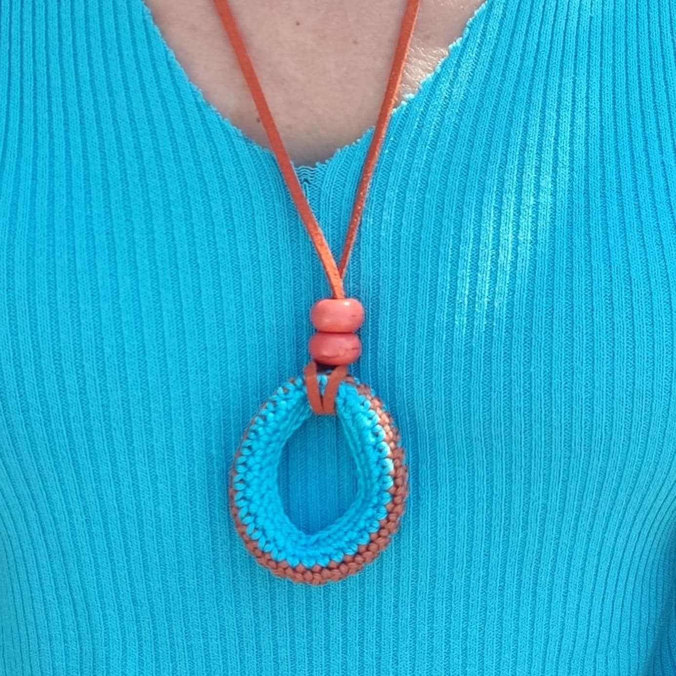 Turquoise & Orange Crochet Pendant Necklace - Handmade Beaded with Adjustable Faux Suede Cord